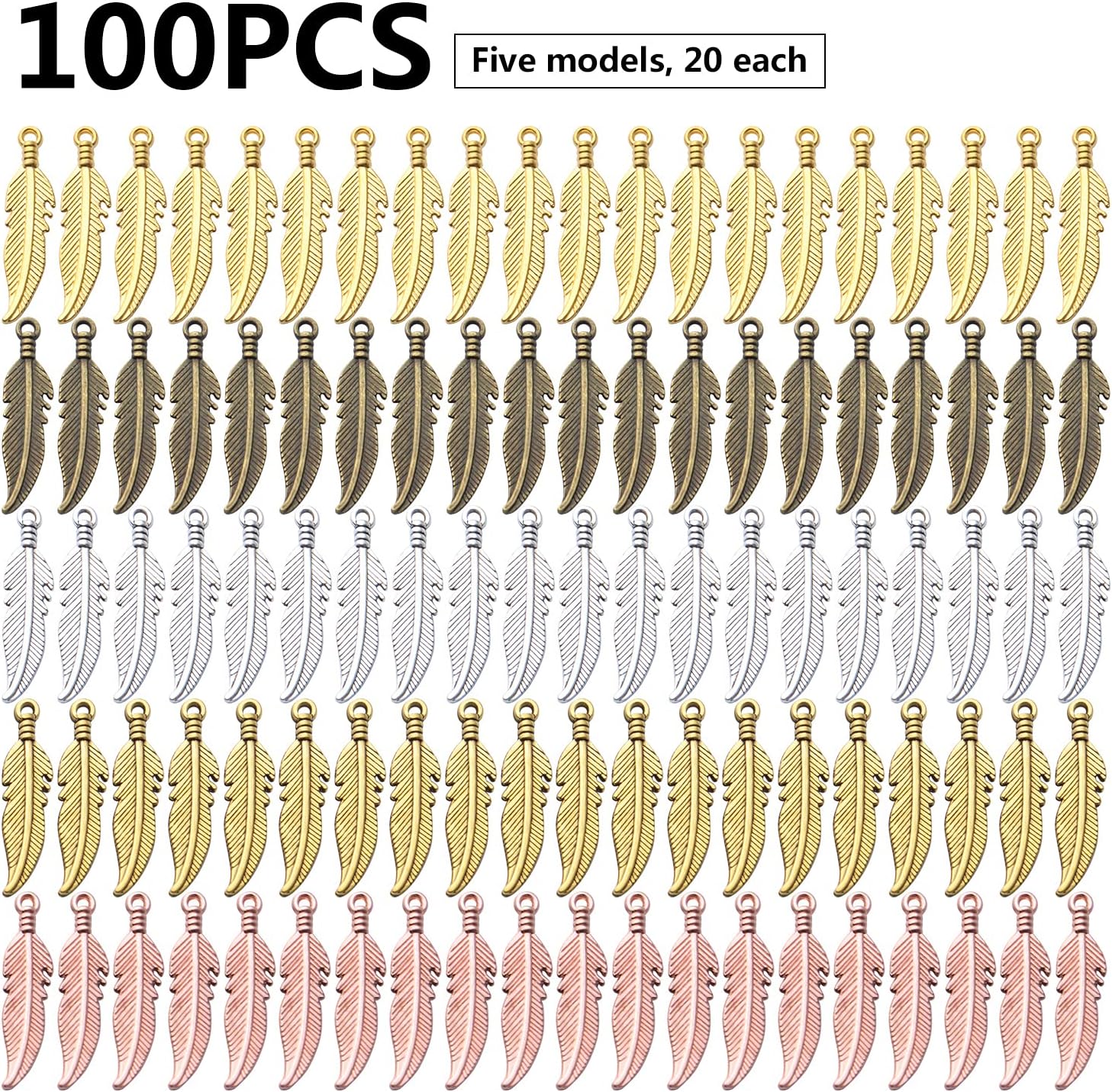 BronaGrand 100pcs Feather Charm Pendants Tibetan Alloy Dangle Leaf Charms Craft Supplies for Jewelry Making Findings Accessory for DIY Bracelet Necklace,5 Colors - Image 2