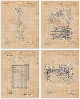 Vintage Farming Patent Prints, 4 (8x10) Unframed Photos, Wall Art Decor Gift for Home Office Tools Garage Work Shop Teacher Student Coach Rancher Farmer Gardener Country Cowboys Mountain Nature Aggies