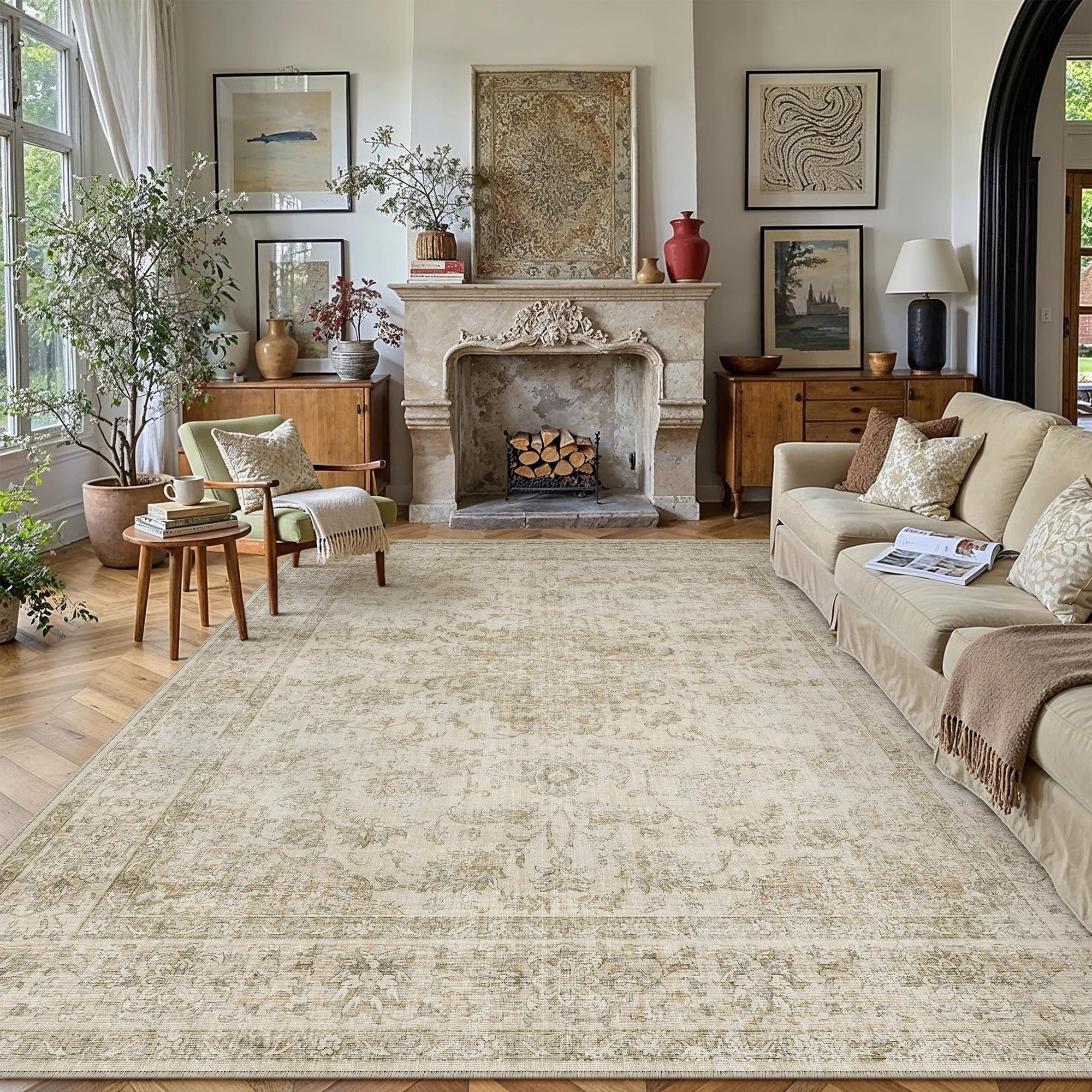 PureCozy Tappeto Salotto 200x300cm Beige Vintage | Antiscivolo, Lavabile, Tappeti, Sala, Soggiorno, Cameretta, Camera da Letto, Ufficio, Grande, Carpet, Pelo Corto, Morbido