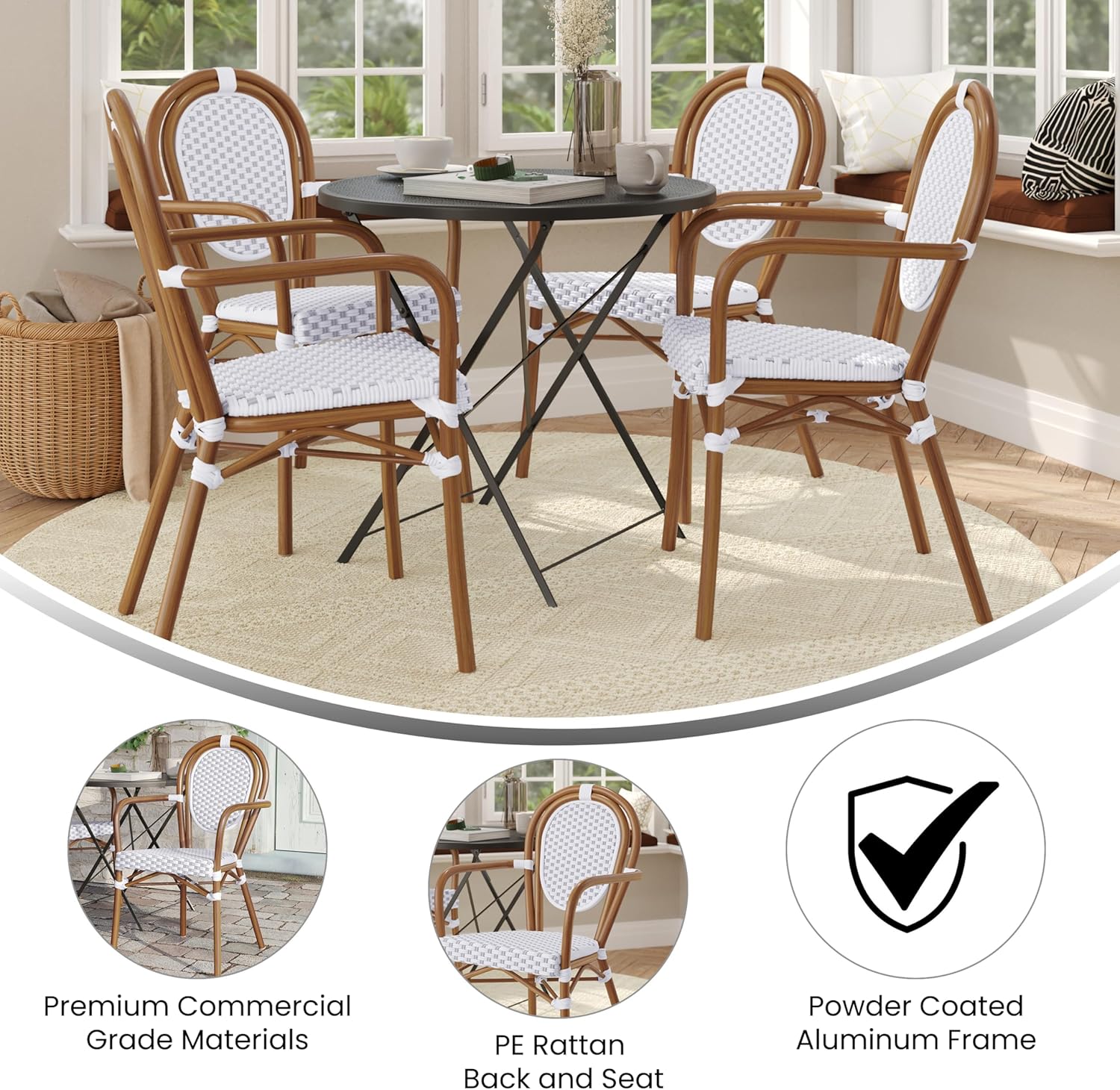 Flash Furniture Lourdes Indoor/Outdoor Commercial Thonet Bistro Stack Chair - Arms - White/Gray PE Rattan Back and Seat - NAT Bamboo Print Metal Frame - 4 PK