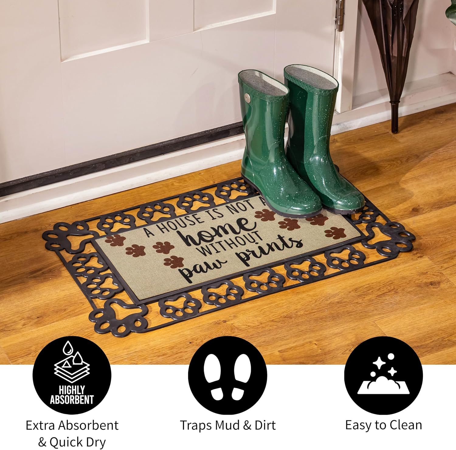 Evergreen Sassafras Dog Doormat Insert Bundle & Tray Set of 4, Paw Print Interchangeable Entrance Door mats Indoor and Outdoor Welcome Mat 30 x 18 Tray Non Slip Backing Low Profile