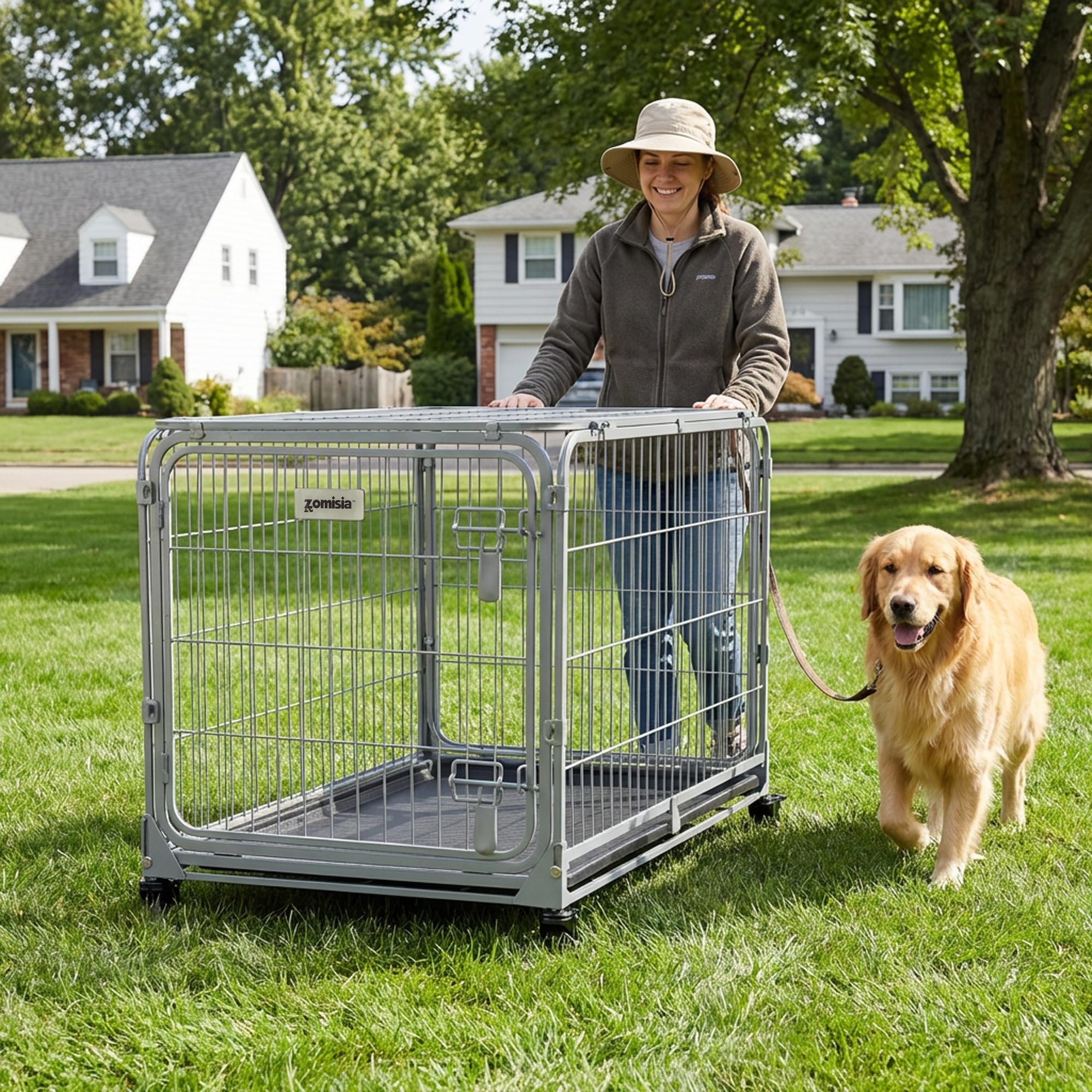 ZOMISIA Hundekäfig XL Faltbar mit Rollen, 108 x 72 x 73.2 cm, Grau | für große Hunde, Hundebox Metall mit Doppeltür, einfach montierbarer Käfig, herausnehmbarer Schubladenboden