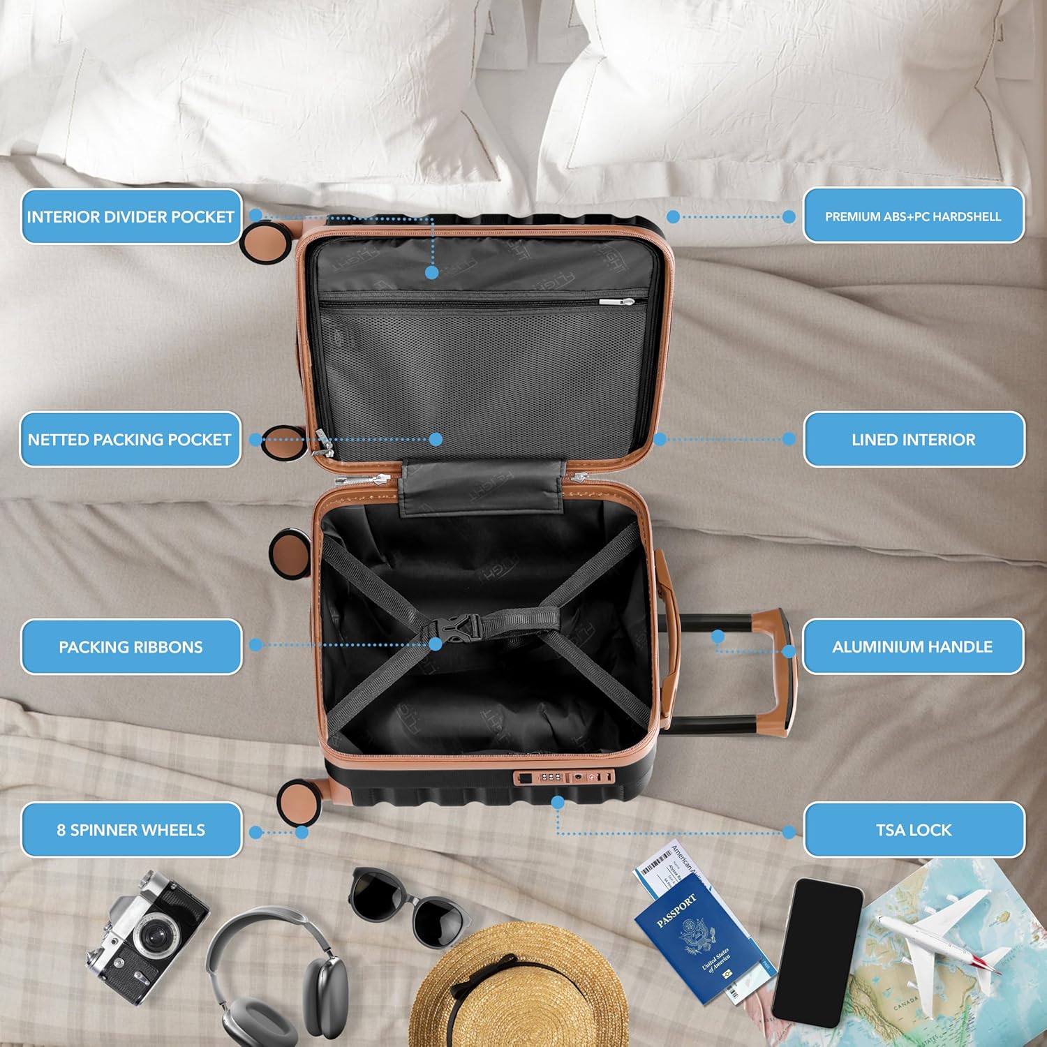 Flight Knight Carry On Suitcase 18x14x8 Hardside Built In TSA Lock USB Port Lightweight Luggage Silent Double Spinner Wheels Maximum Underseat Carry-On Bag For American United Approved Black/Tan - Image 6