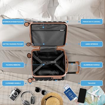 Flight Knight Carry On Suitcase 18x14x8 Hardside Built In TSA Lock USB Port Lightweight Luggage Silent Double Spinner Wheels Maximum Underseat Carry-On Bag For American United Approved Black/Tan