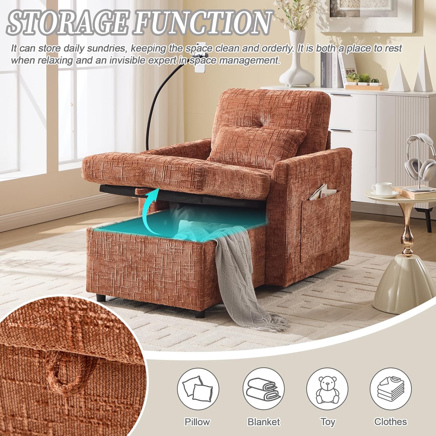 Multifunctional Chaise Lounge Chair Indoor with Storage, Comfy Chenille Upholstered Lazy Sleeper Sofa with Phone Holder and Side Pockets for Living Room, Orange