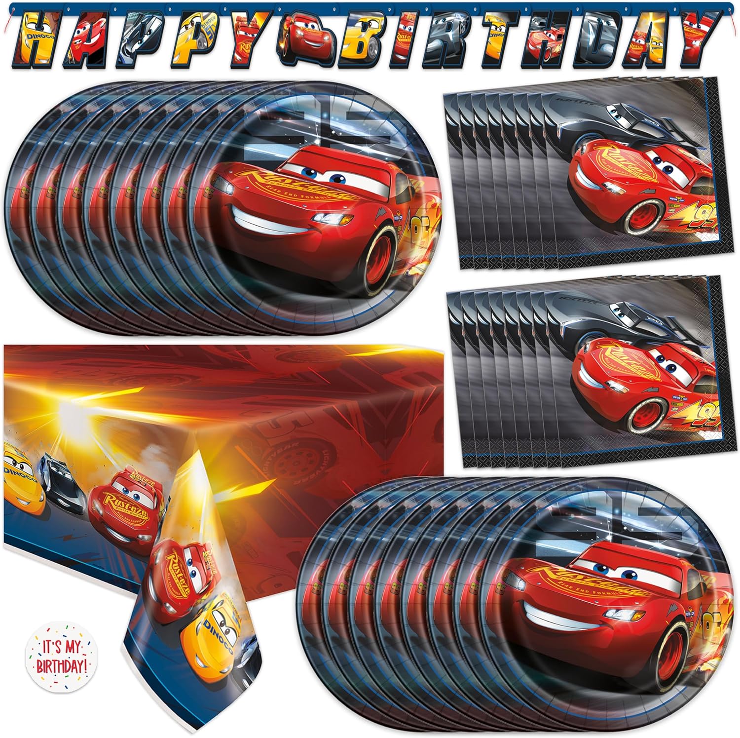 Disney Cars Birthday Decorations | Lightning McQueen Birthday Decorations | Serves 16 | Banner, Tablecloth, Plates, Napkins, Sticker | Officially Licensed