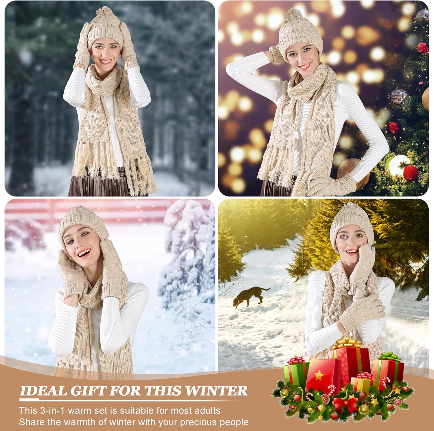 Winter Scarf Gloves and Hat Set for Women, Beanie Hat Long Scarf Touchscreen Gloves, Warm 3 in 1 Set for Womens Girls