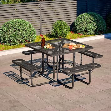 46" Square Picnic Table | Perforated Metal & Blue Thermoplastic Coating | Attached Benches & 1.73" Umbrella Hole | Perfect for Outdoor Rated, Garden, BBQ,Patio & Playground,Black