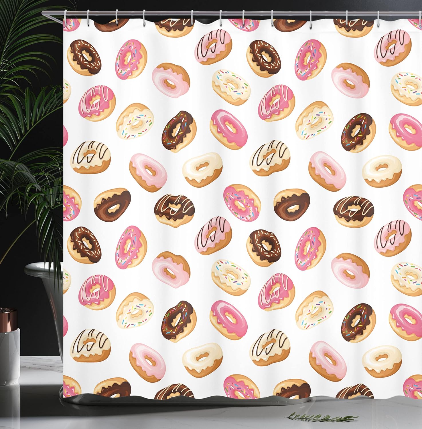 Ambesonne Food Shower Curtain, American Traditional Classic Breakfast Fast Food Dessert Tasty Donuts Art Print, Cloth Fabric Bathroom Decor Set with Hooks, 69" W x 70" L, Multicolor White