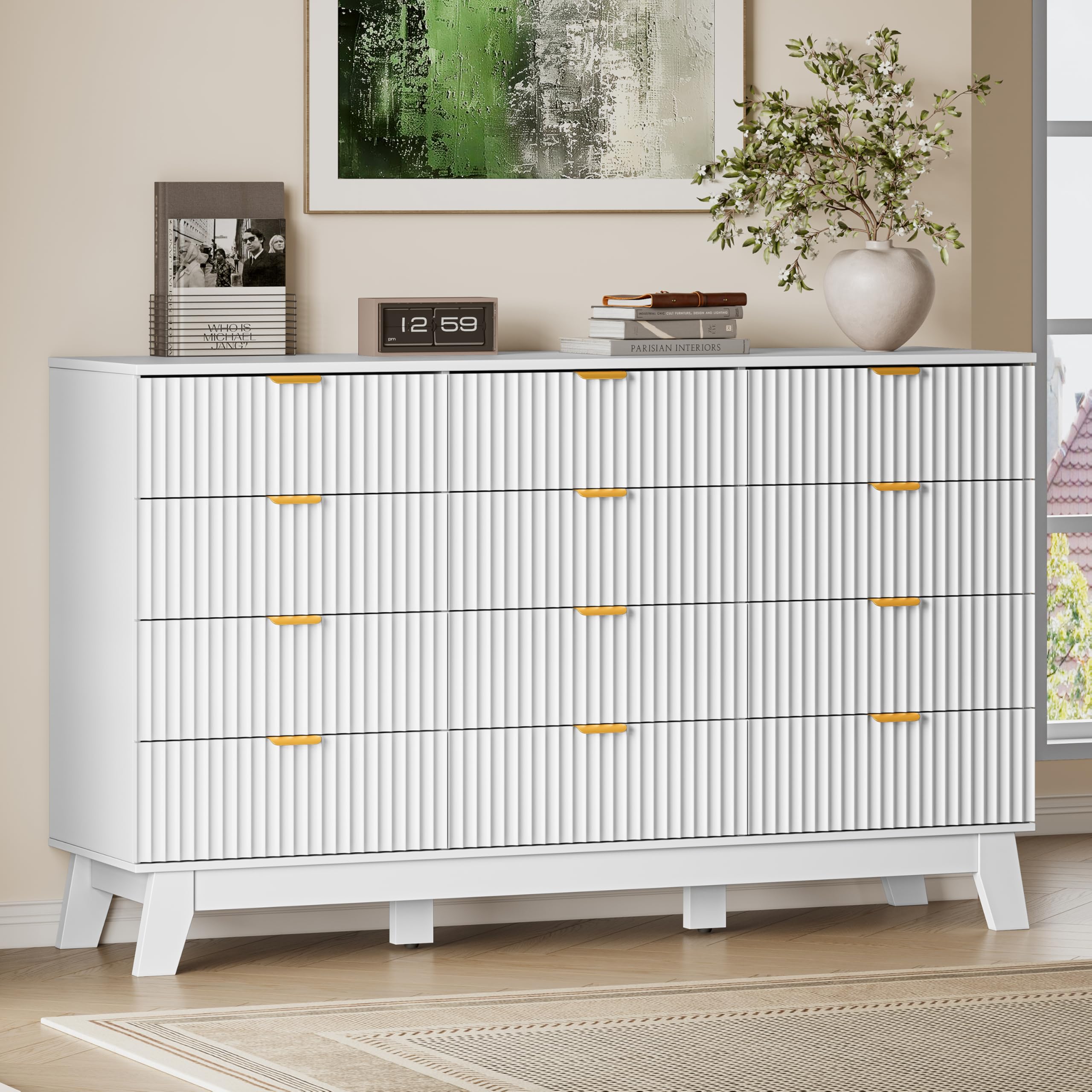 BORNOON 57" Wide Dresser for Bedroom, 12-Drawer Fluted Dresser with Metal Handles, Wood Chest of Drawers with Smooth Slides and Stable Base, Modern Storage Cabinet for Living Room, Nursery