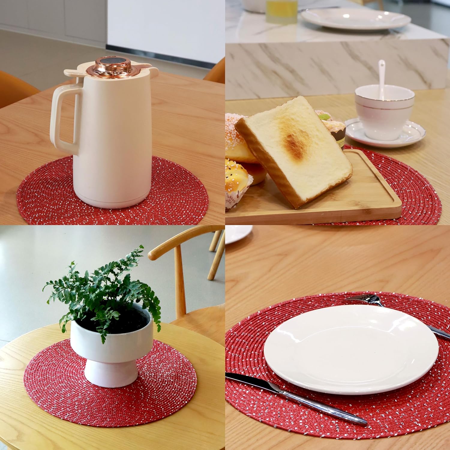 Youyi Round Placemats Set of 6, 15 inch Woven Braided Place Mats Washable Non-Slip Kitchen Table Mats for Dining, Burgundy (with Silver Accents)
