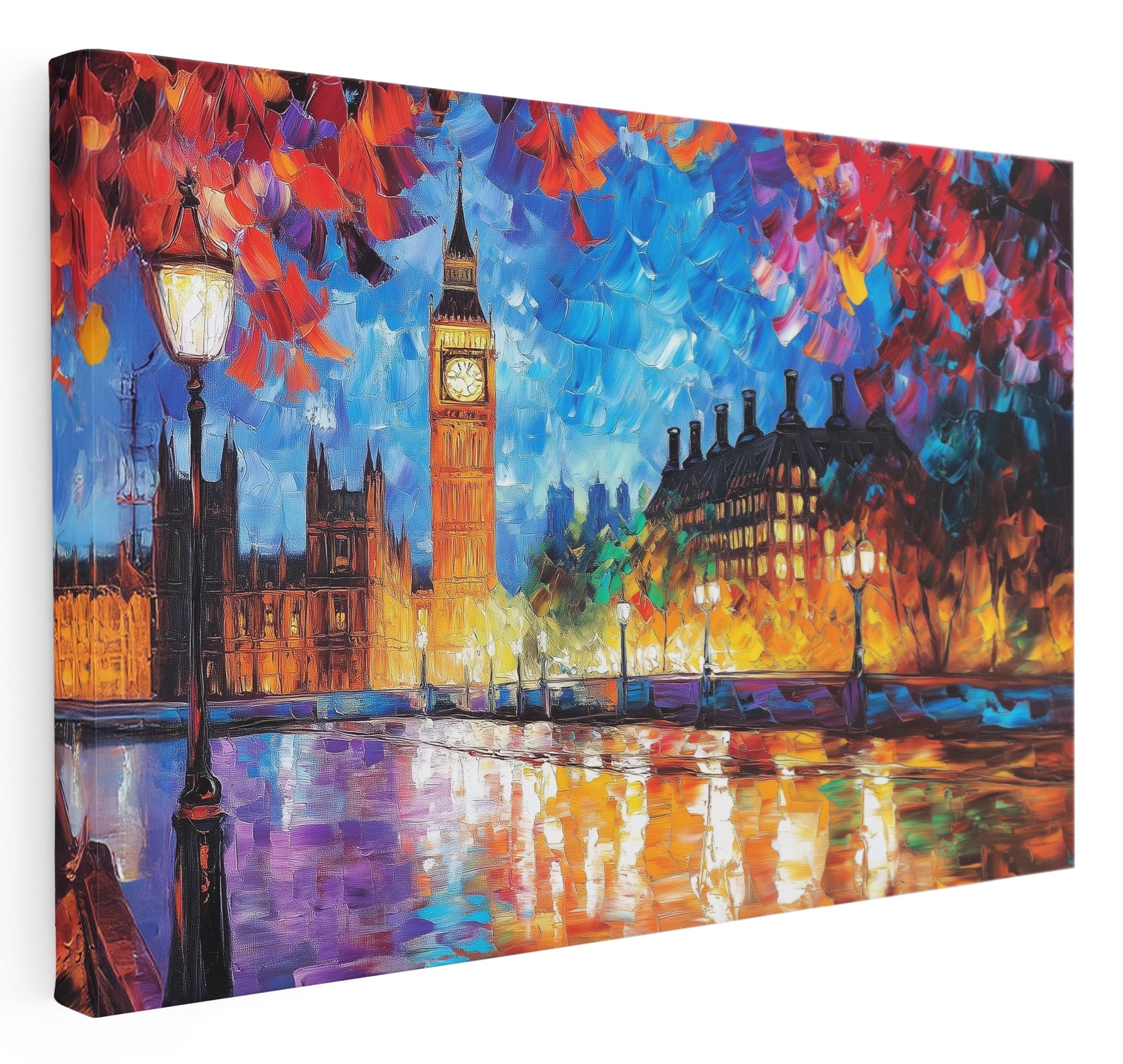 Pastello Colourful Big Ben London At Night Oil Painting Canvas Wall Art - Wall Art Print for Living Room, Bedroom, Office, Framed Artwork (102cm x 77cm / 40x30inch)