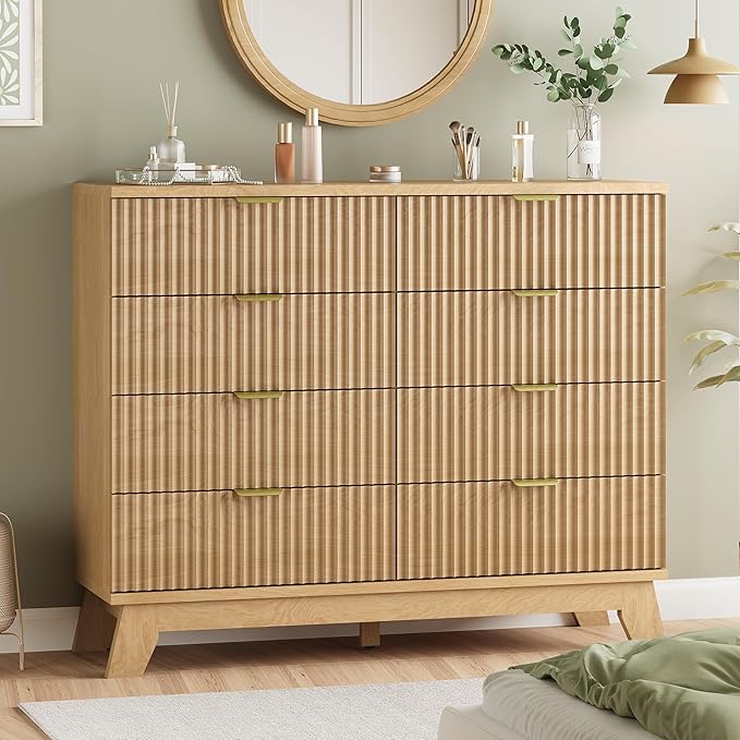 Fluted Dresser for Bedroom with 6 Drawers, 48" Wide Modern Chest of Drawers with Metal Handle, Wooden Dresser TV Stand, Wood Closet Clothes Storage Organizer for Living Room, Hallway, Natural Oak