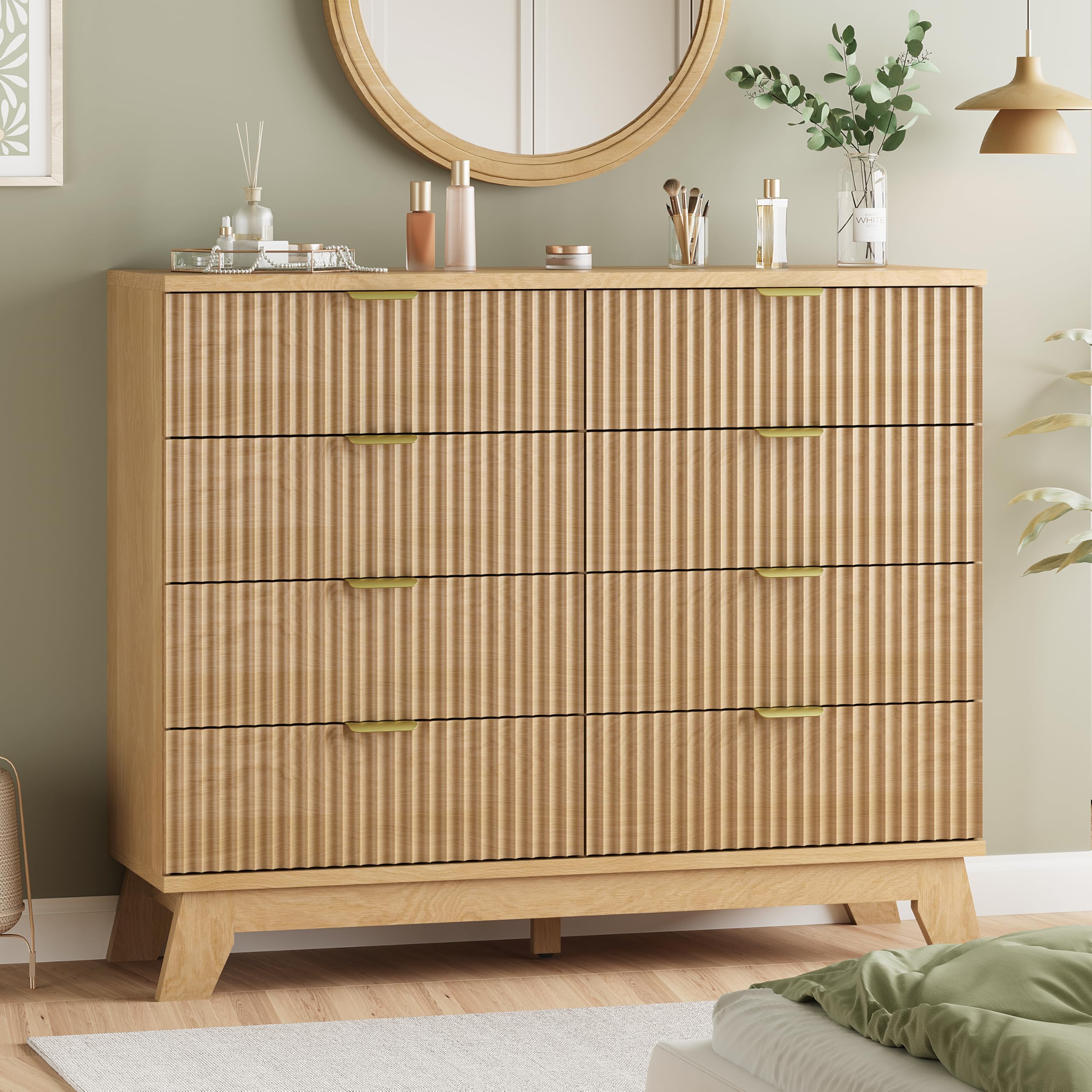 fluted dresser for bedroom with 8 drawers 4834 wide modern chest of drawers with metal handle wooden dresser tv stand wood closet clothes storage organizer for living room hallway natural oak