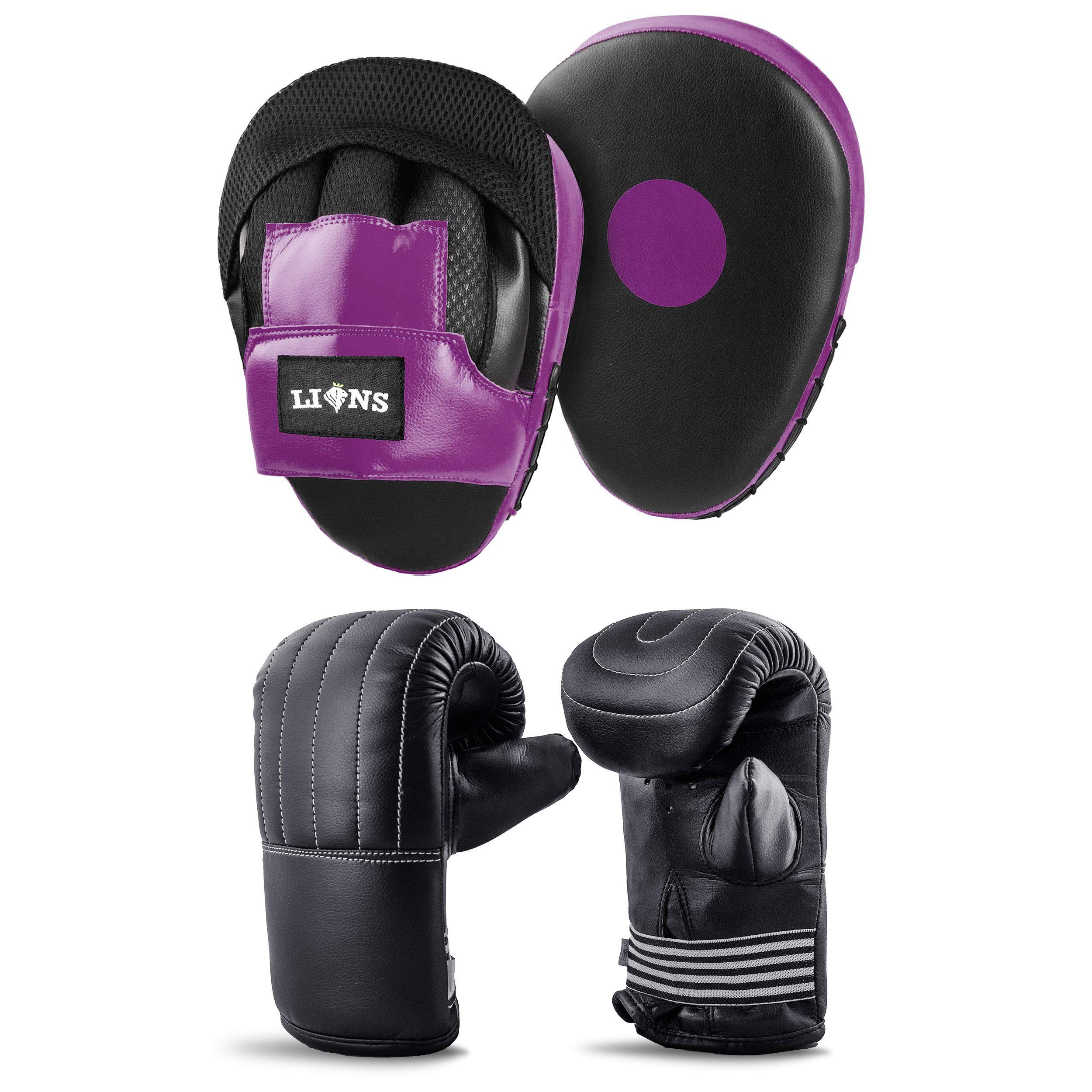Lions Bag Mitts and Pads Set - Boxing Mma Focus Punch Bag Hook & Jabs Gloves (Injection - Purple, Senior)
