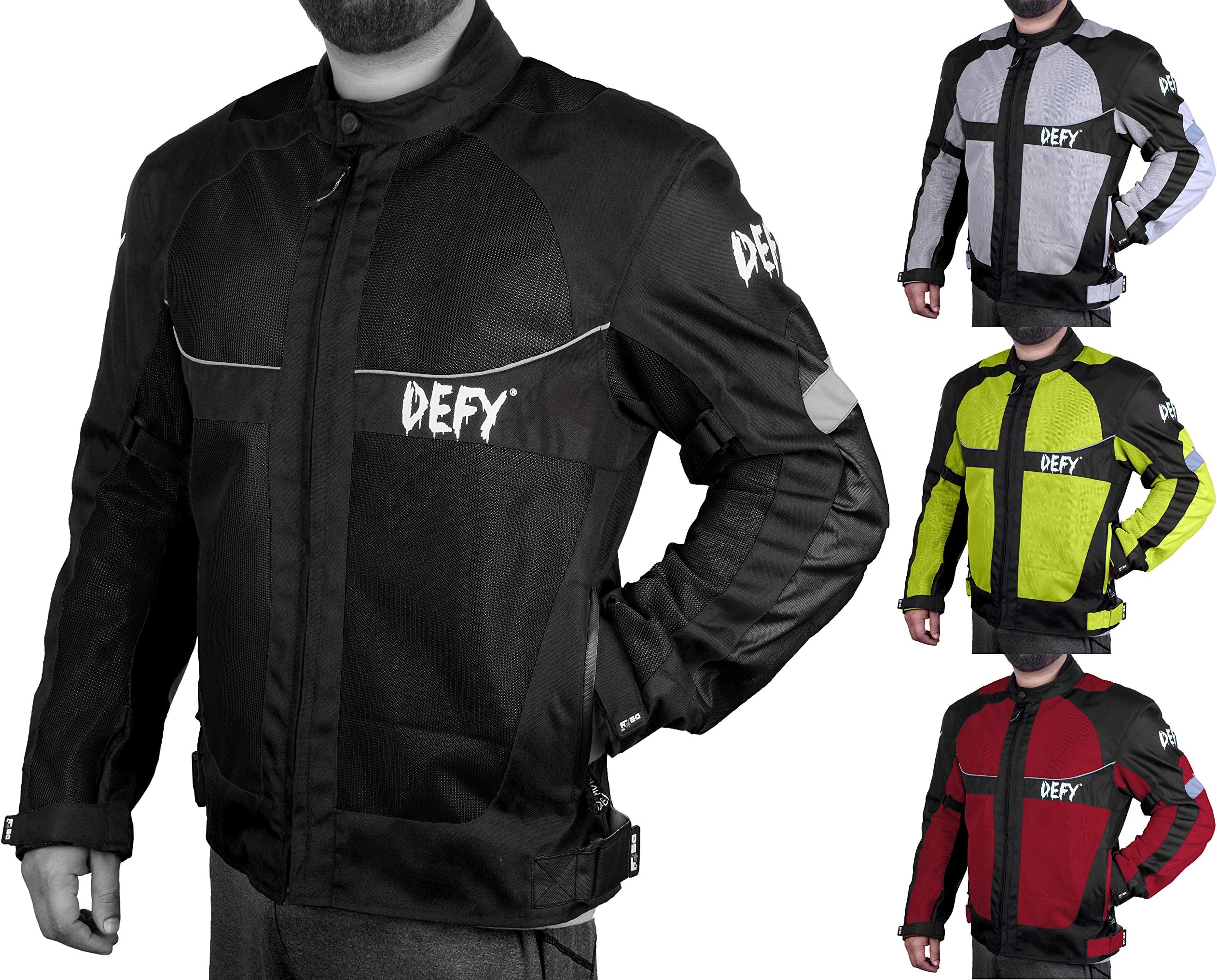 DEFY Motorcycle Jackets for Men’s Mesh Durable CE Armoured Summer Motorcycle Jacket (Black, Small)