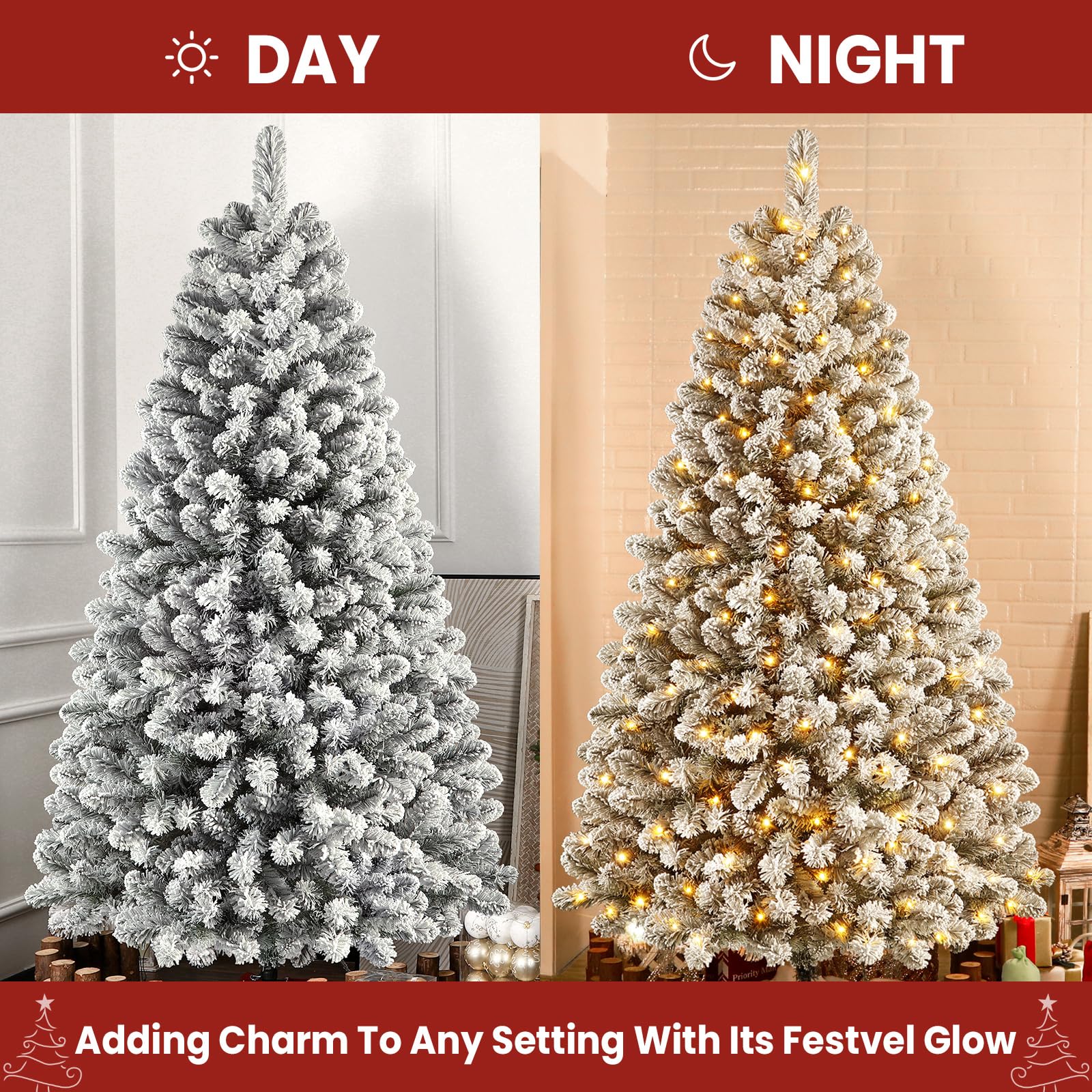 SHareconn Albero di Natale Artificiale 210cm Neve e Luci LED 320 LED Bianco Caldo, 8 Modalità, Pieghevole & Antifiamma