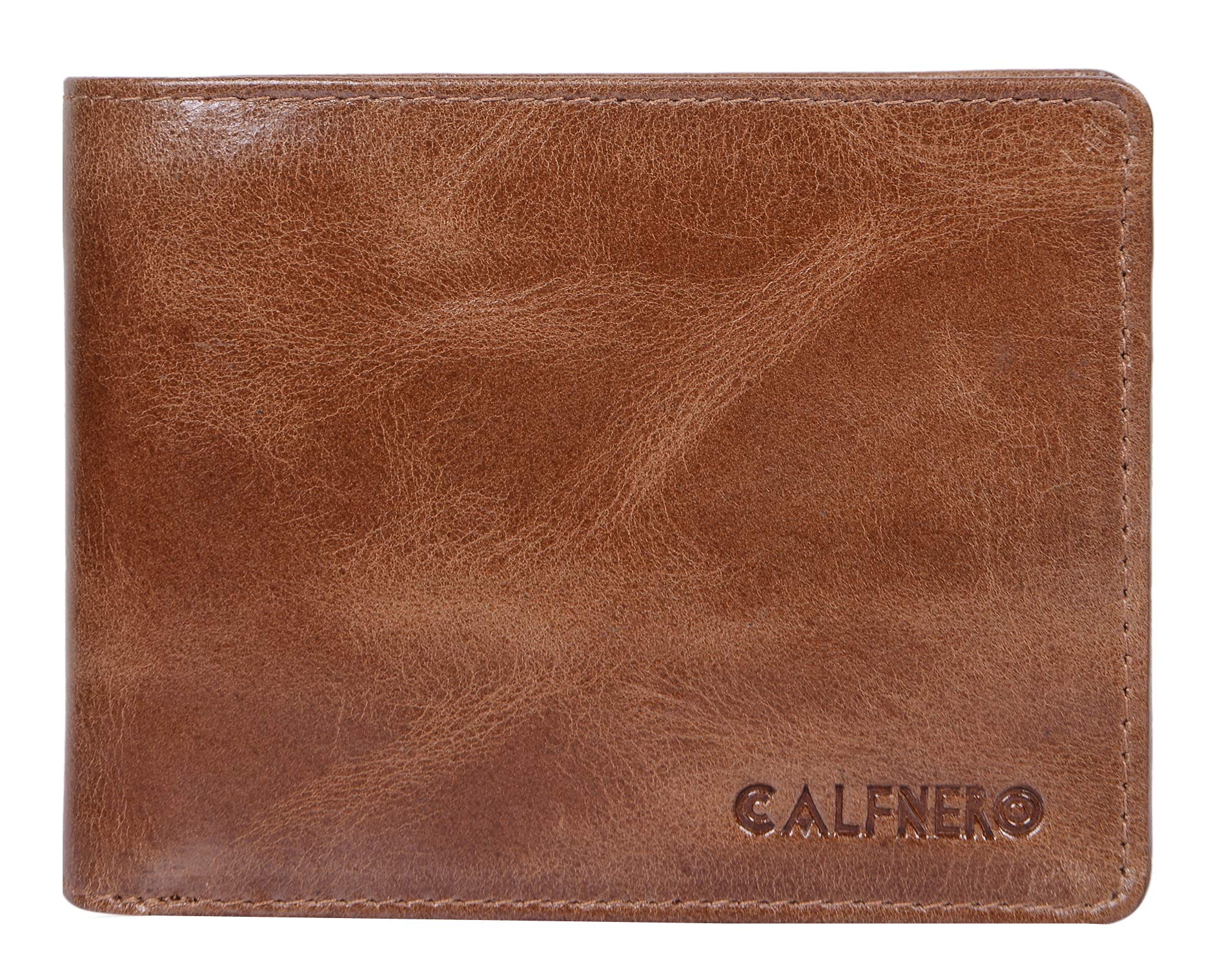 Men's Genuine Leather Bifold Wallet-Multiple Card Slots ID Window with Coin Pocket-Camel Leather Wallet by Calfnero-image-10