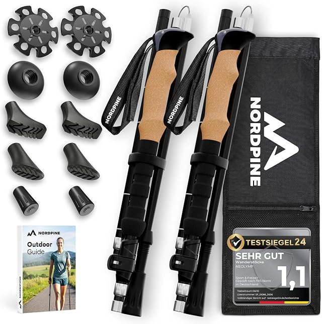 Wanderstöcke faltbar - Carbon & Aluminium für Damen & Herren - Ultraleichte Trekkingstöcke mit Korkgriff & Wolframspitze - Nordic Walking Stöcke mit Gummipuffer - Trekkingstöcke faltbar