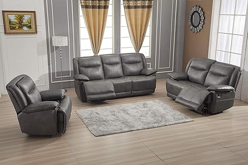 Betsy Furniture Juego de sofá reclinable de cuero regenerado para sala de estar 8006 (gris, sofá+sofá biplaza+sillón reclinable)