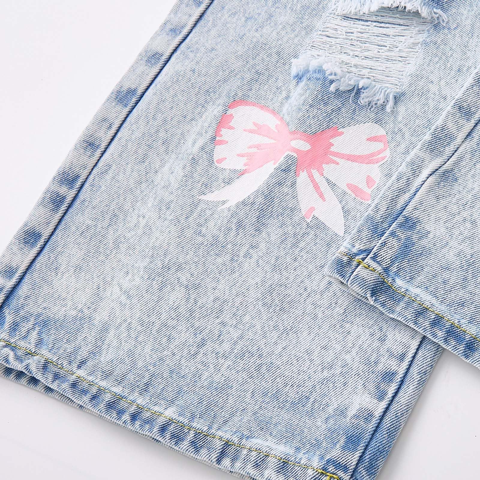 Générique Jean Fille 8-13 Ans Large Déchiré Pantalon Jeans Enfant Fille Droite Taille Haute Elastique Nœud Retro Streetwear Jean Cargo Denim Ample Automne Casual