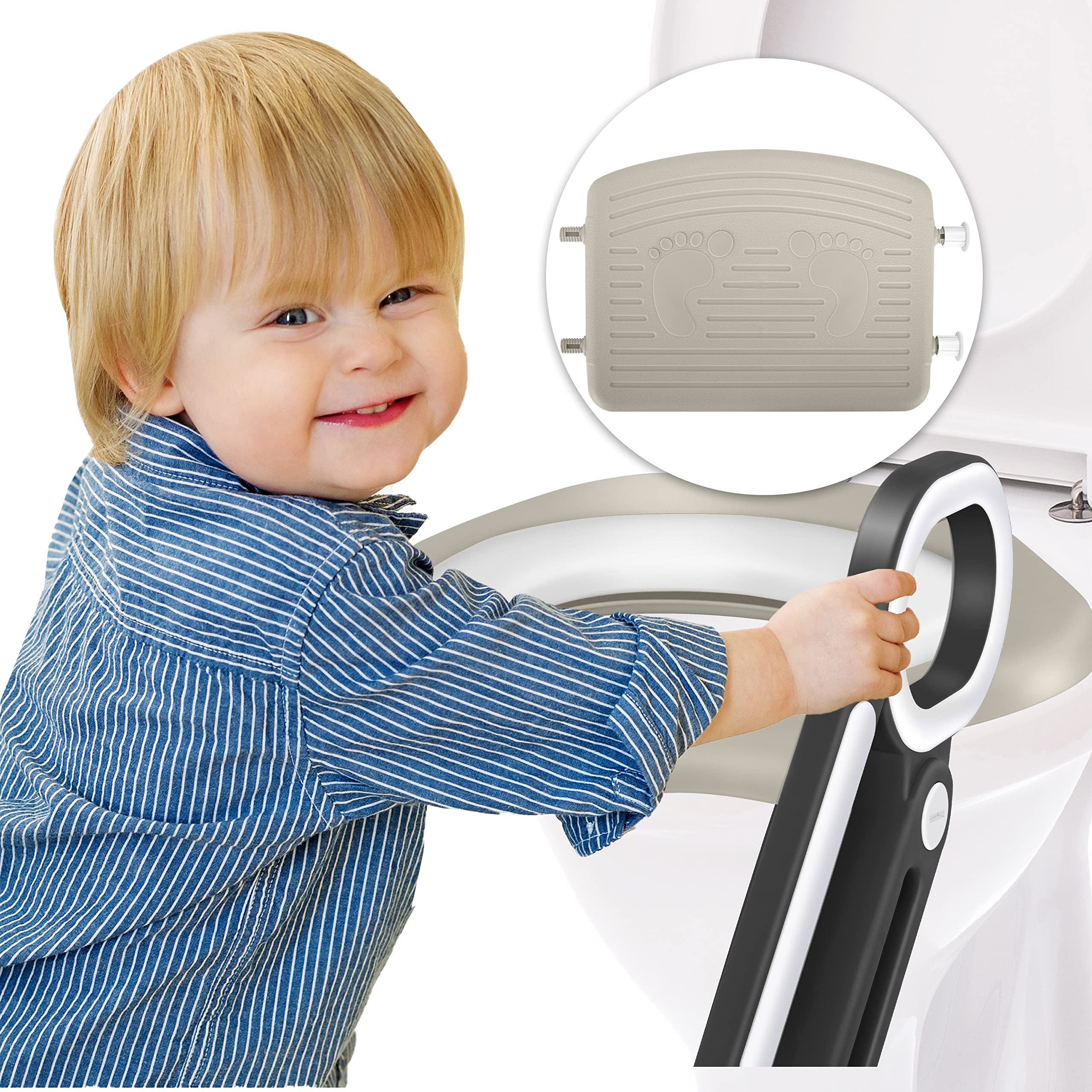 KIDIZ® Kinder Toilettensitz Toilettentrainer mit Treppe und Griffe Faltbar Kindertoilette WC Sitz Töpfchentrainer Lerntöpfchen bequemem Kissen und breiten Stufen Toilettentreppe höhenverstellbar Grau