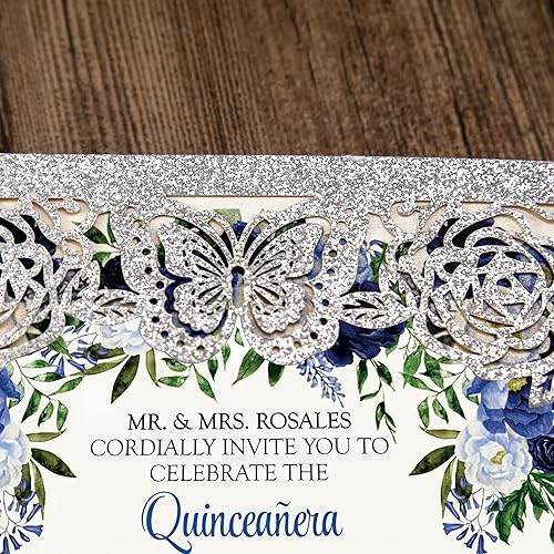 Miniatura 3 de DORIS HOME 50 invitaciones de mariposa azul para quinceañera, 15 años, dulces 16, señorita XV, tarjetas de invitación de membrillo cortado con láser