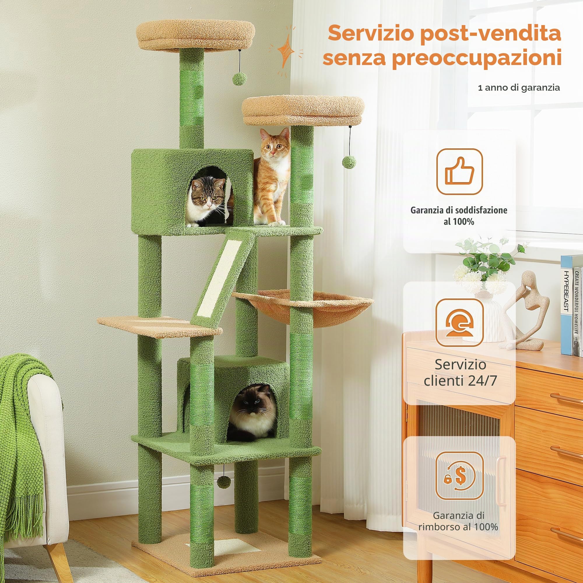 PETEPELA Albero tiragraffi cactus grande, multi-livello, per gatti di grandi dimensioni, con 6 colonna in sisal, 2 tavole, 2 piattaforme, 1 amaca, 2 palline da gioco, verde