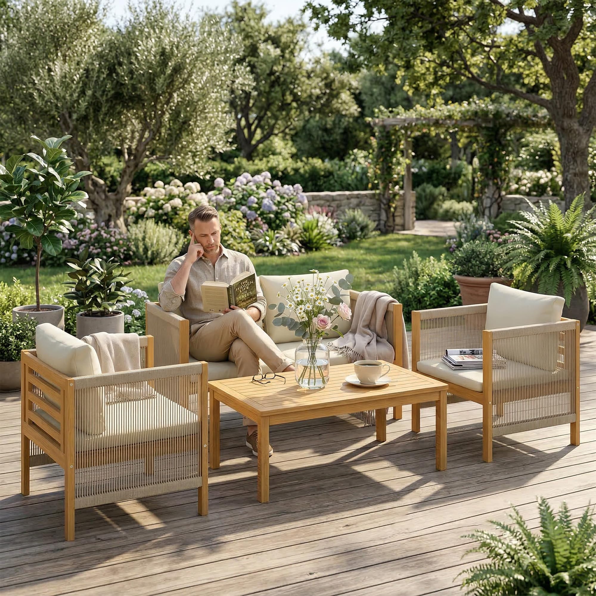 Outsunny Salon de Jardin 4 Pièces en Bois d'Acacia - Ensemble de Mobilier avec Coussins Déhoussables et Corde Tressée - Canapé 2 Places, 2 Fauteuils et Table Basse, Style Bohème Chic, Naturel