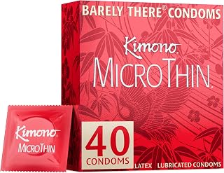 Kimono MicroThin Condoms Pack of 40 - Premium Lubricated Natural Latex, Thinnest, Vegan-Friendly, No Latex Odor - Thin, Strong, and Extra Sensitive