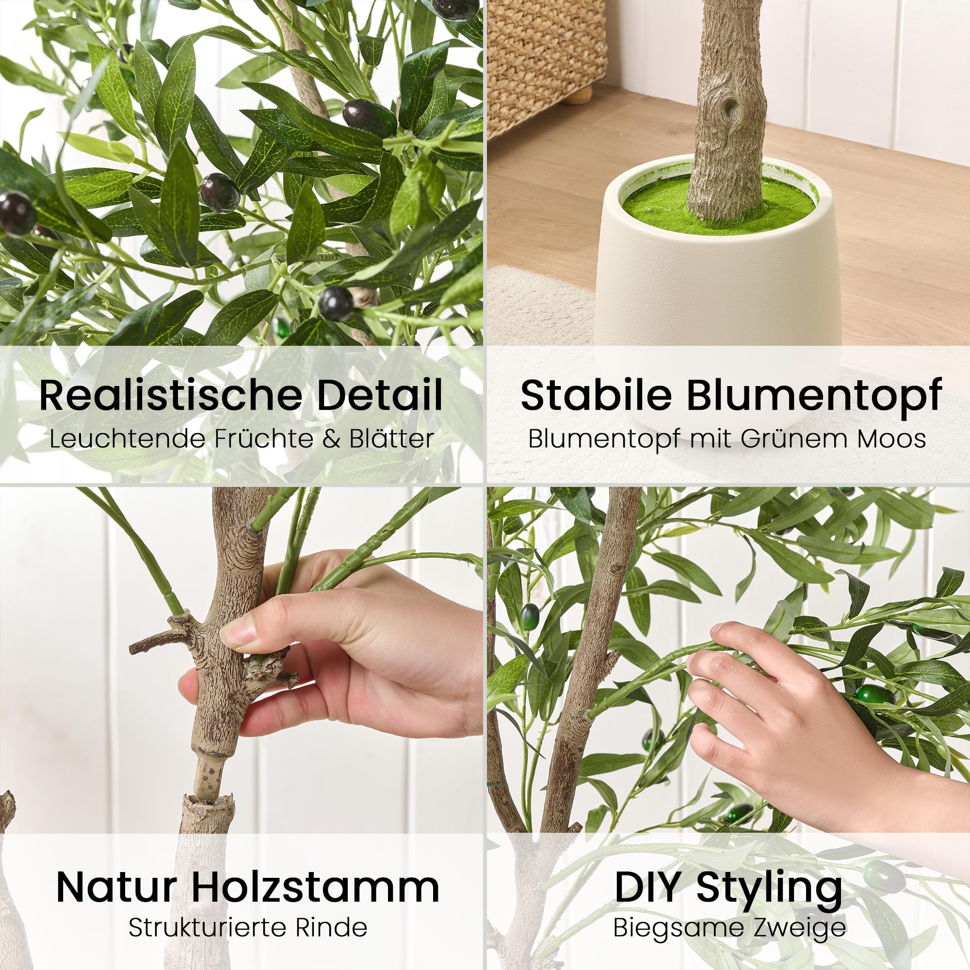 ZKIODV Olivenbaum Künstlich 180cm, Fake Olive Baum mit Lebensechter Früchten, Kunstpflanze Groß mit Weiß Topf, UV Beständig, Künstliche Pflanzen wie Echt für Büro Wohnzimmer Dekor, Faux Olive Tree
