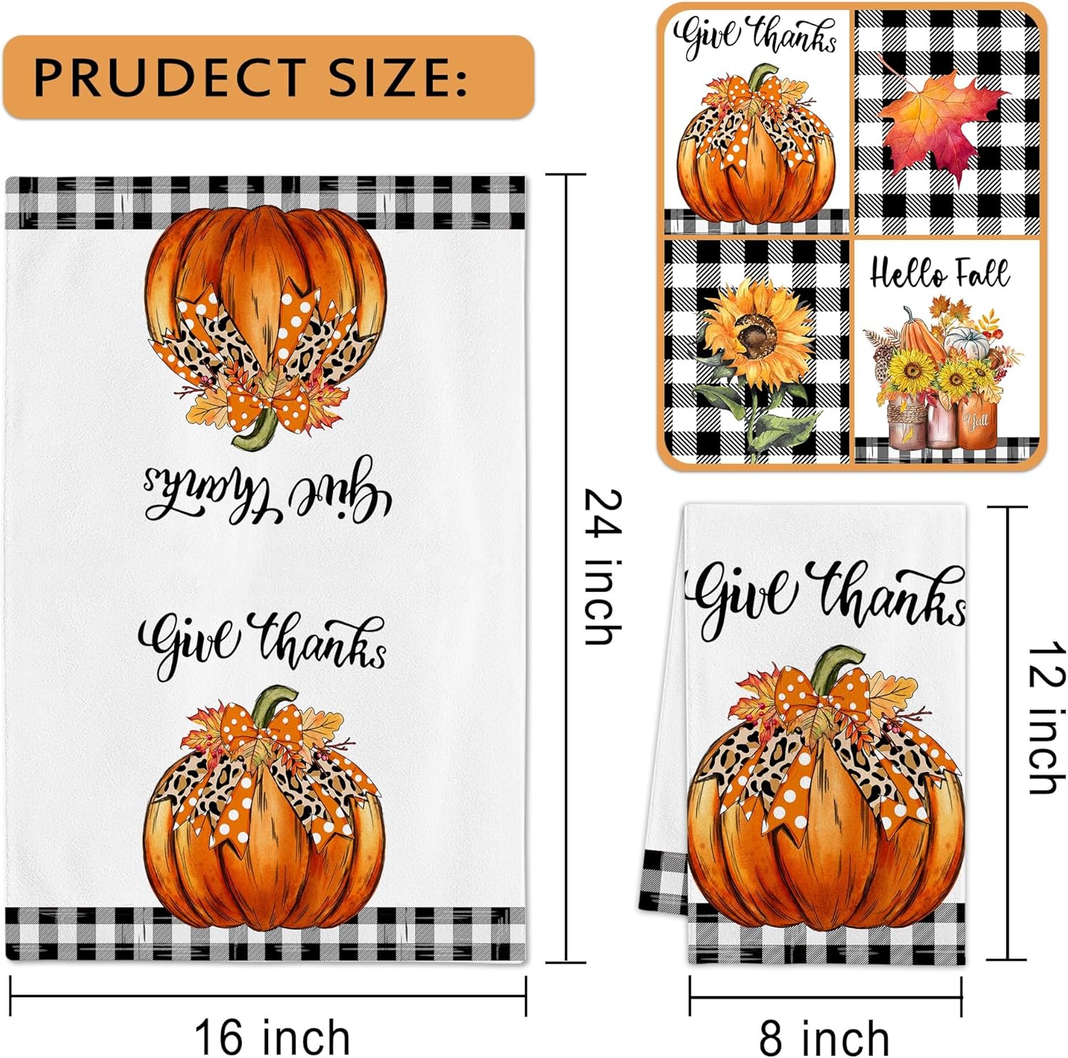 Hexagram Fall Kitchen Towels Set of 4, Thanksgiving Dish Towels, Buffalo Plaid Sunflower Decorations for Kitchen, Autumn Hand Towel - Image 6