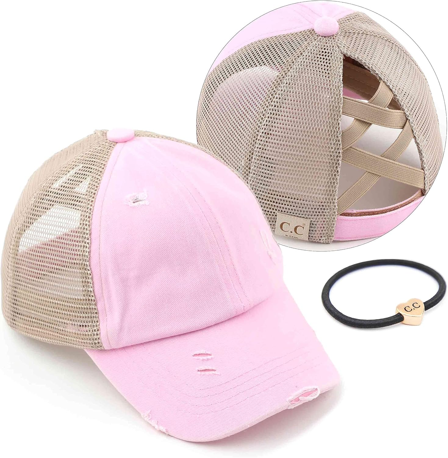 C.C Kids Criss-Cross Elastic Band Ponytail Caps Messy Buns Trucker Plain Baseball Cap (KIDS-BT-780)