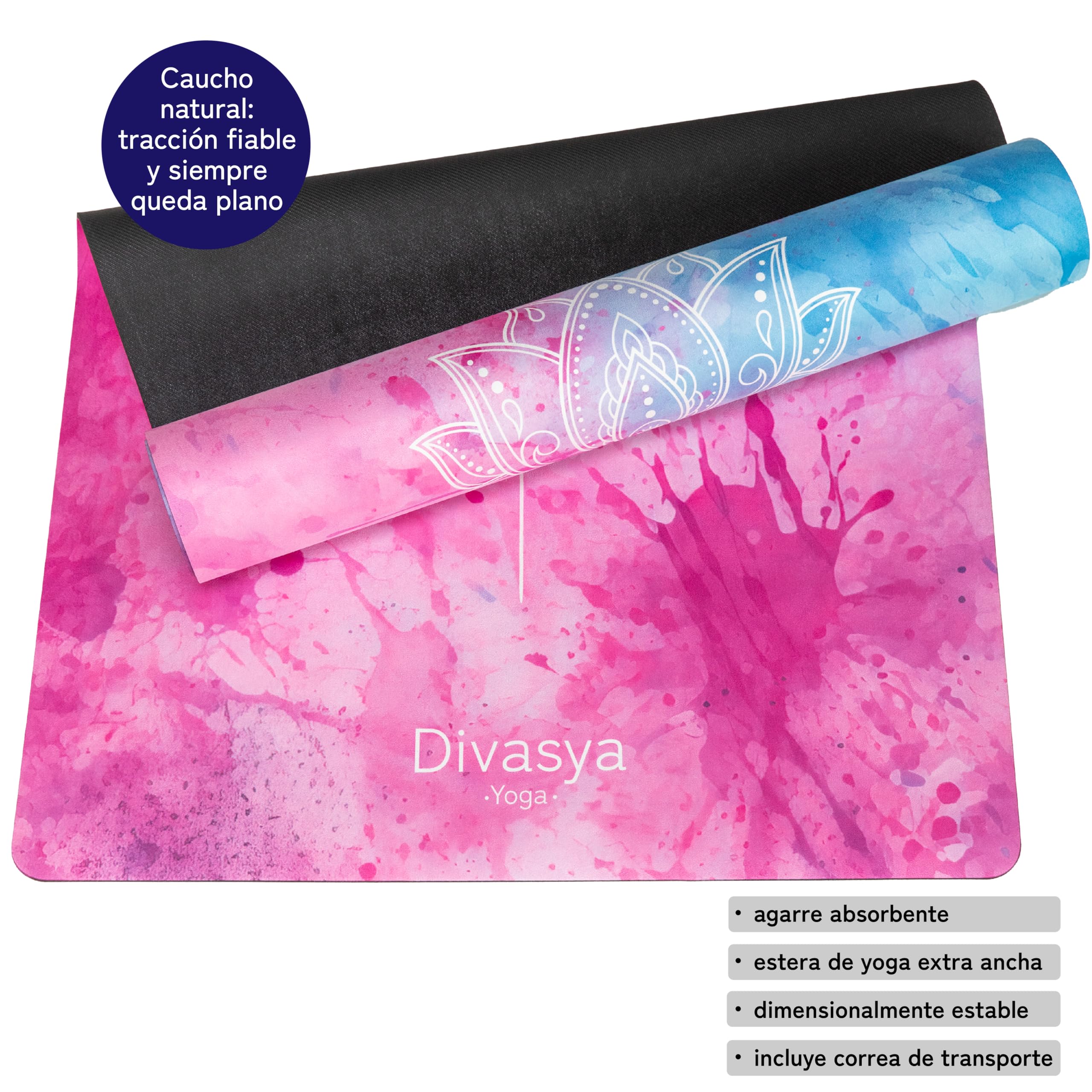 Esterilla de yoga sostenible y antideslizante: caucho natural antideslizante y superficie de microfibra absorbente, extra ancha y gruesa 183 x 68 x 0,5 cm, correa de transporte