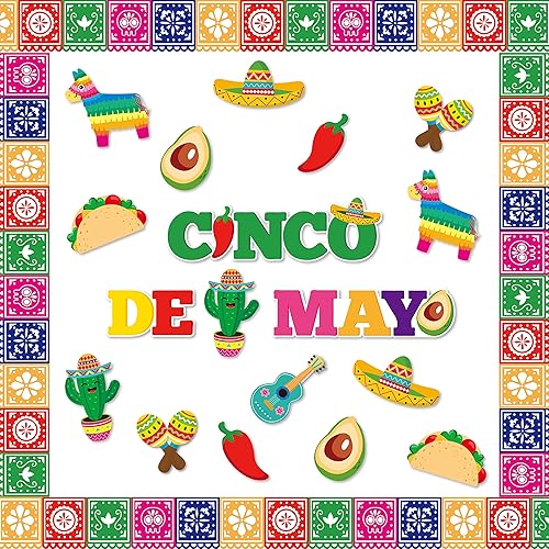 Juego de 82 piezas de decoración de tablón de anuncios del Cinco de Mayo, fiesta mexicana, papel picado, bandera, bordes, tacos de México, llama,