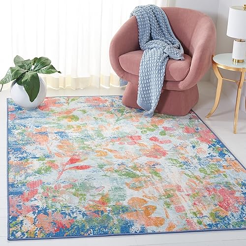 SAFAVIEH Paint Brush Collection - Alfombra de área de 7 pies 9 pulgadas x 10 pies, color azul marino y naranja, diseño de acuarela, no desprende