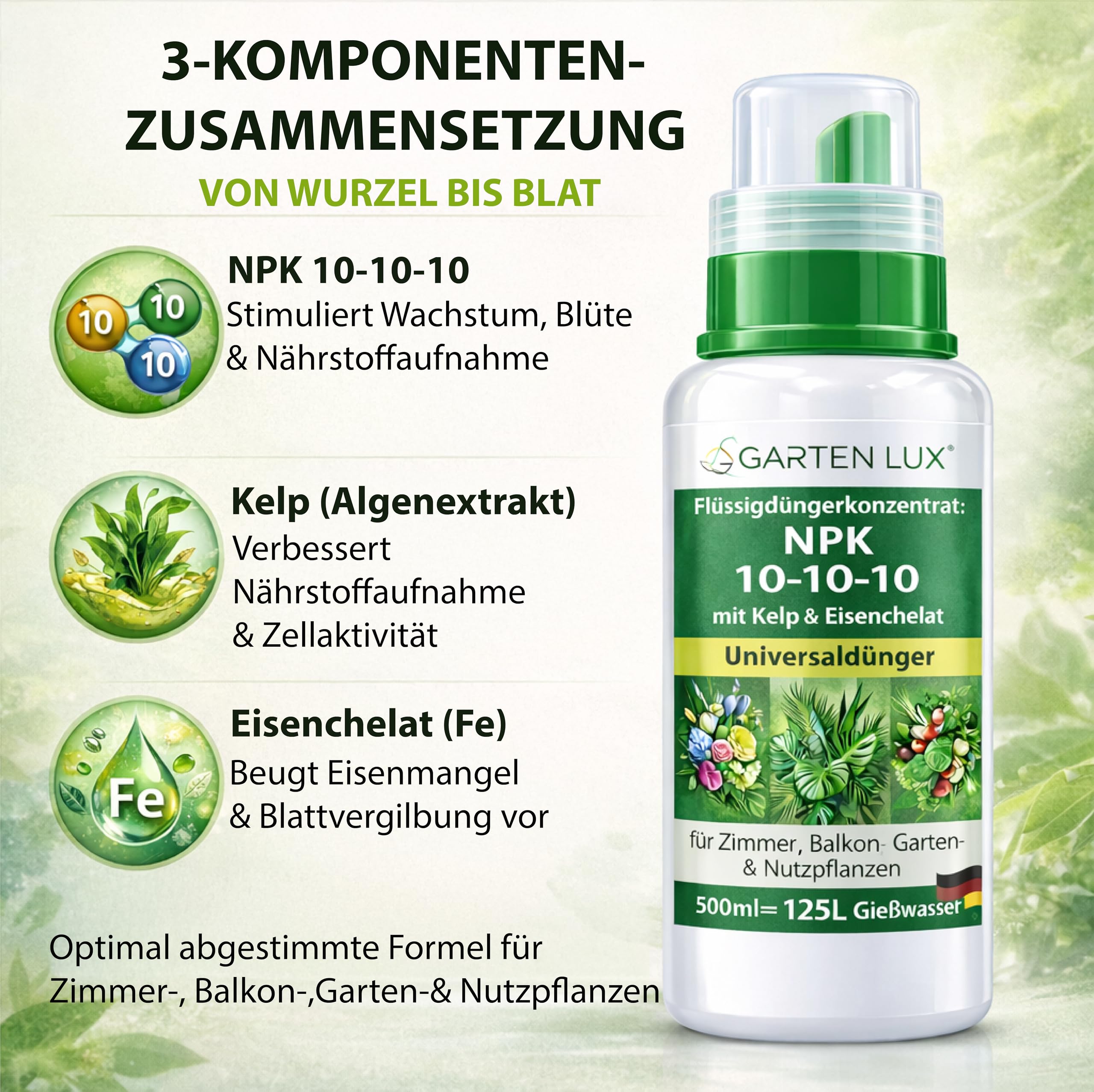 Garten Lux Fertilizante Líquido NPK 10-10-10 Concentrado con Kelp y Hierro Quelado – Abono Universal para Plantas de Interior, Jardín y Huerto Urbano – 500 ml hasta 125 L