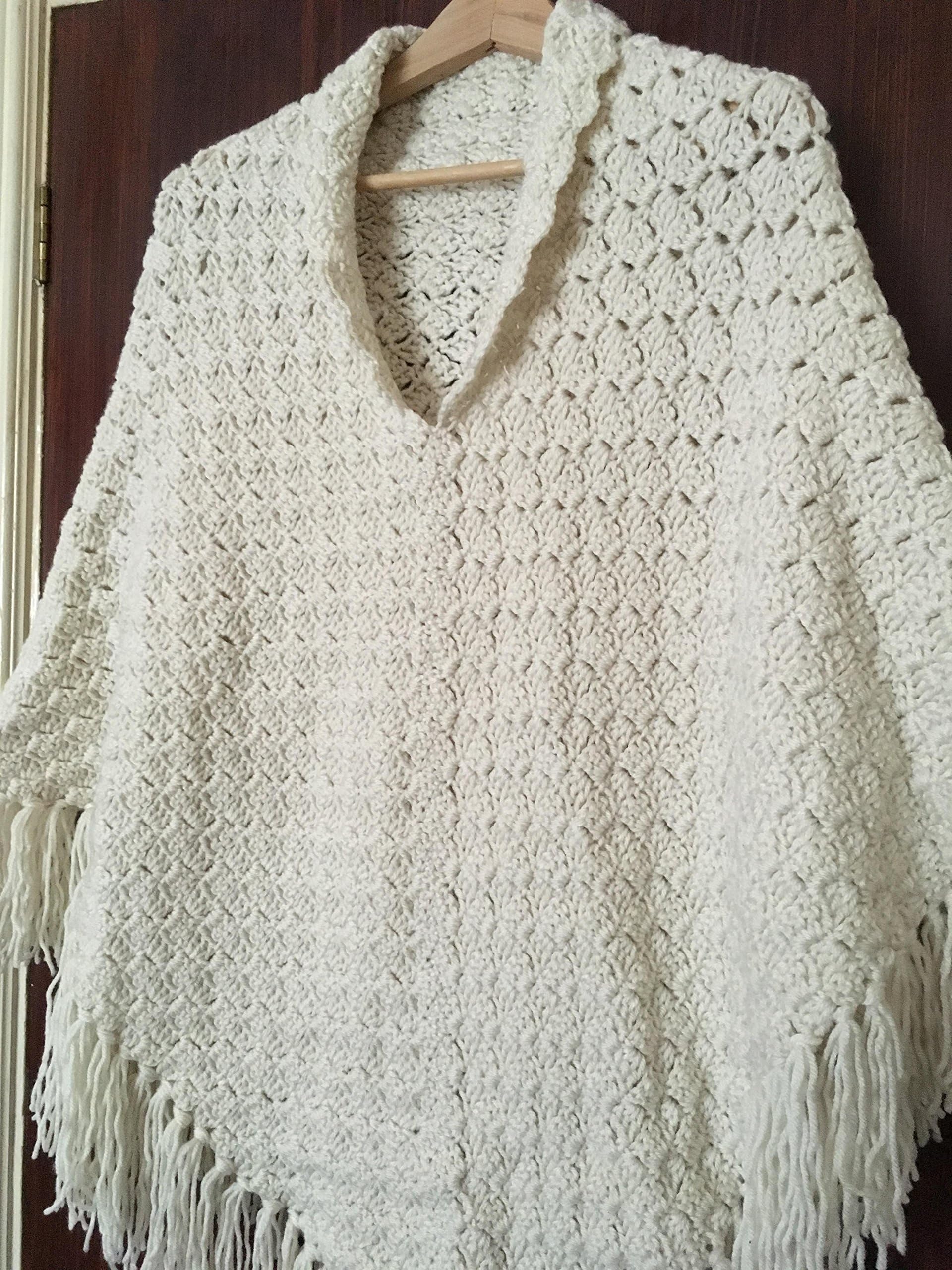 Hand crocheted Shawl / poncho, cream, beautiful pattern with tassels, very warm, heavy weight, soft and comfortable, WI yarn