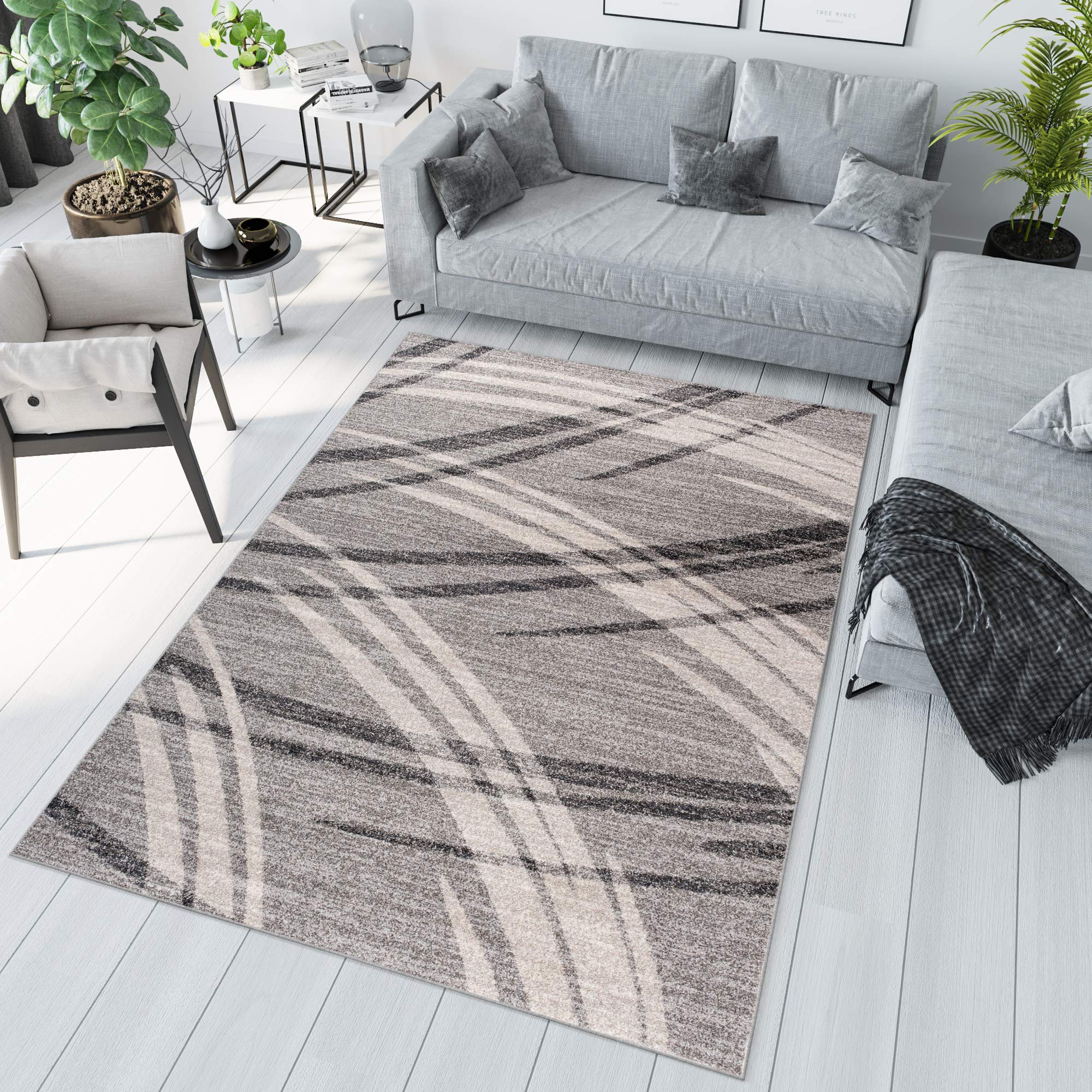 Tapiso Sari dywan z krótkim włosiem, nowoczesny, melanż, szary, beżowy, paski, fale, do salonu, sypialni, Ökotex 240 x 330 cm