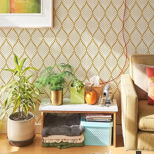 Miniatura 3 de Papel tapiz bohemio dorado, papel de contacto autoadhesivo geométrico, papel de vinilo extraíble, rollo de papel de pared para dormitorio, estante