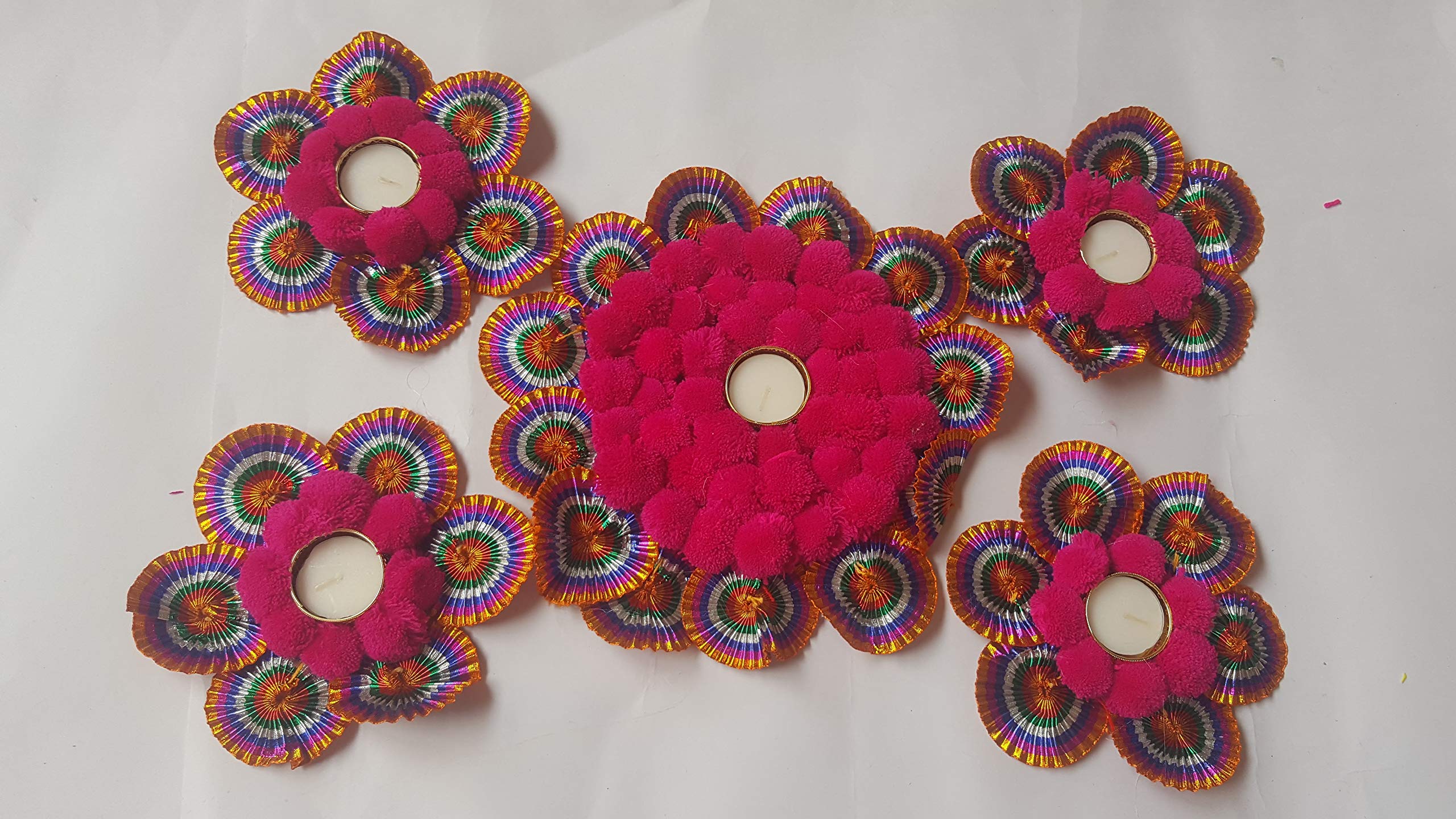 Designer Pompom Rangoli with Ttlite Candle (1 Big piece-10 inch, 4 Small Pieces-5 inch Each)