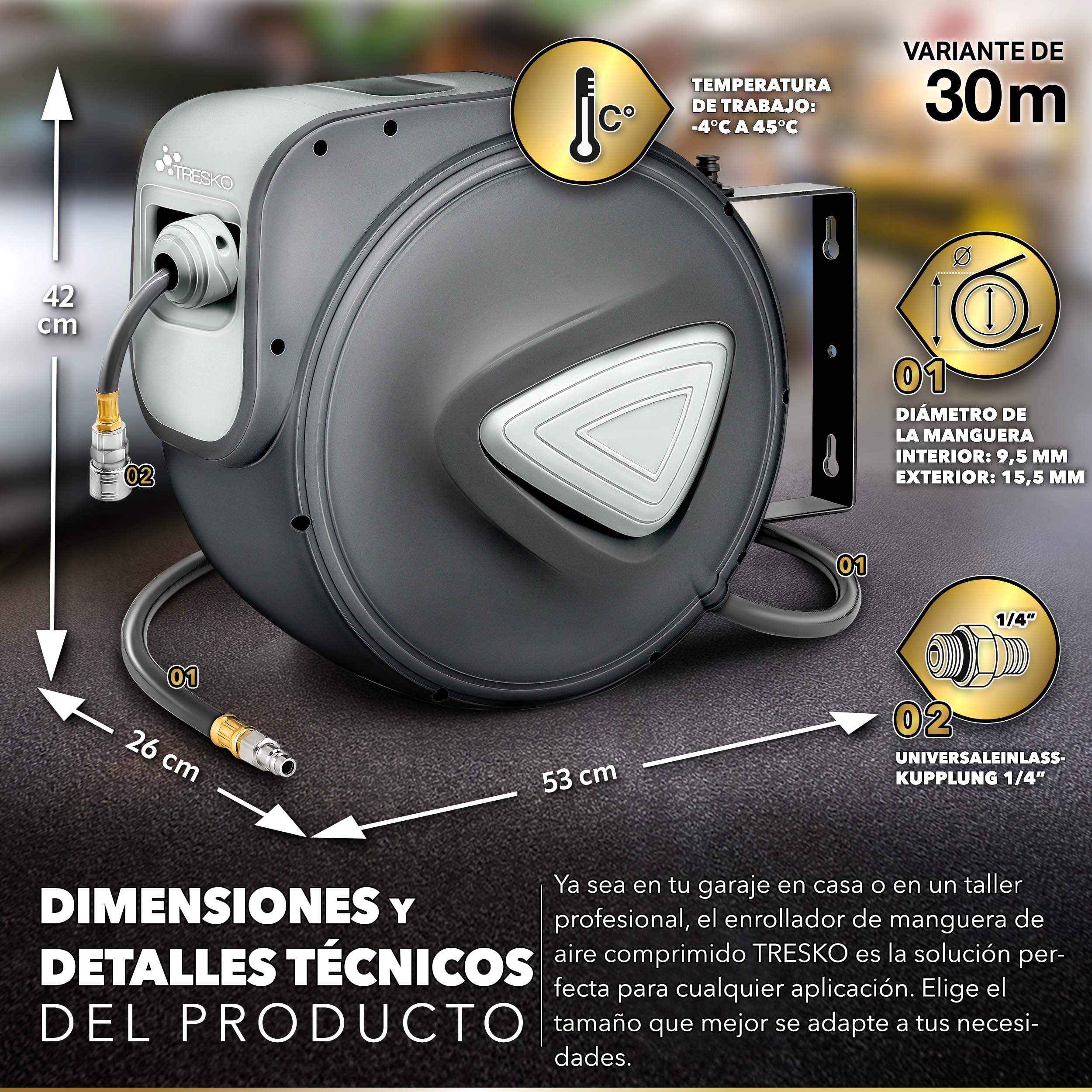 TRESKO® Carrete de Manguera de Aire Comprimido de 30 m | Conector de 1/4" | Enrollador de Manguera Automático | con Soporte para Pared | Rotación de 180° | Tope Final Ajustable, Gris