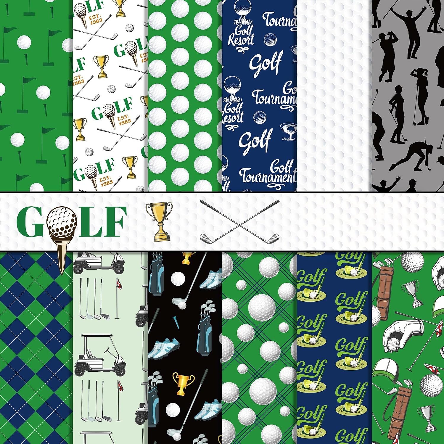 24 Sheet Golf Pattern Paper 12" x 12" Golf Scrapbook Paper Green White Golfs Ball Double-Sided Decorative Craft Papers Sports Golfing Scrapbooking Papers Golfs stickers for Card Making