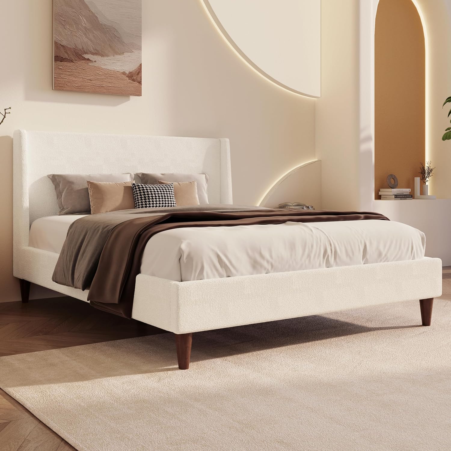 Modern Cream Queen Size Platform Bed Frame with Wingback Headboard,Velvet Upholstered Mattress Foundation with Wooden Legs and Strong Slats Support,No Box Spring Needed (Cream, Queen)