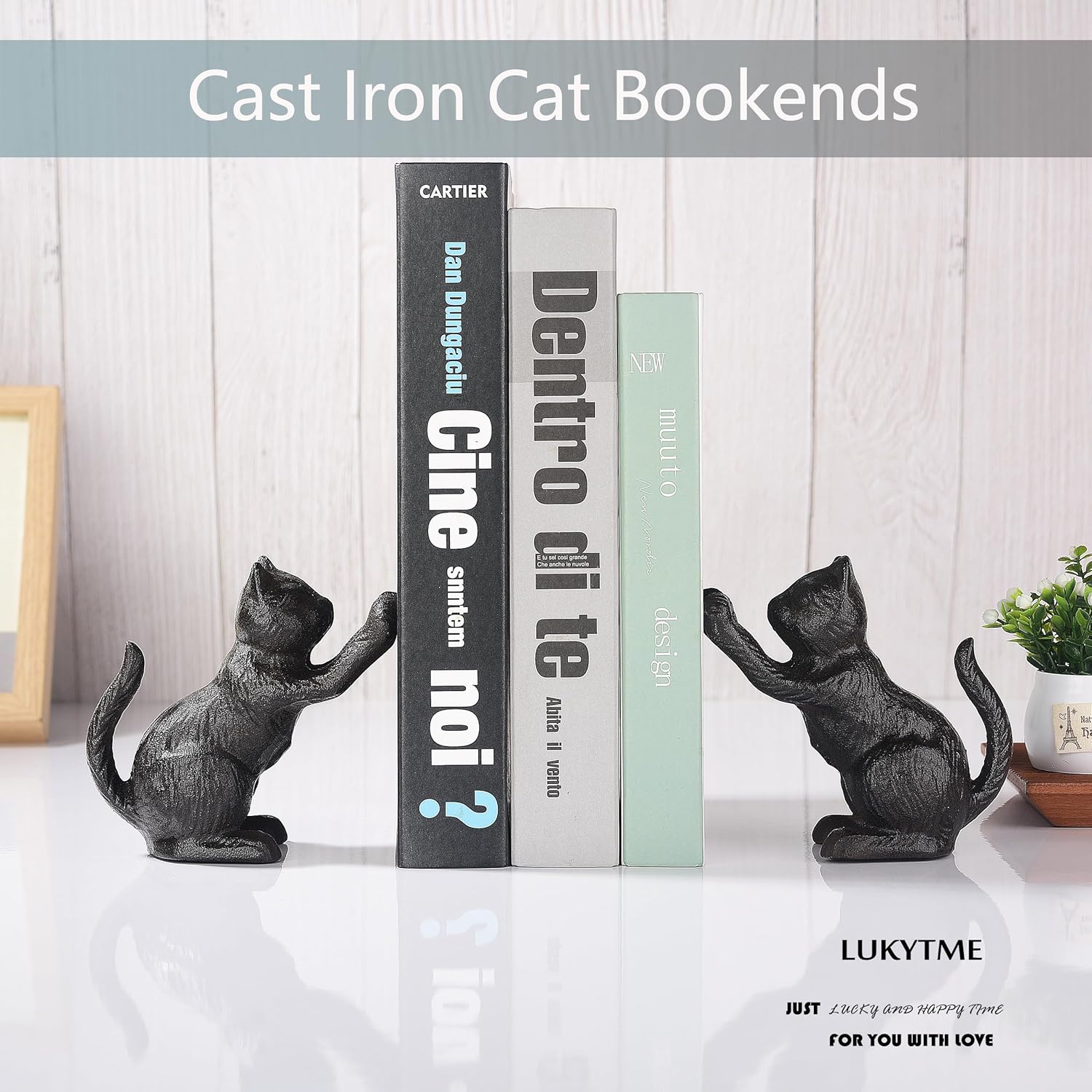 Book Ends for Shelves Decorative, Cast Iron Heavy Duty Bookends for Heavy Book, Unique Cute Cat Bookend for Home/Office Decor, Antique Classic Black 2PCS