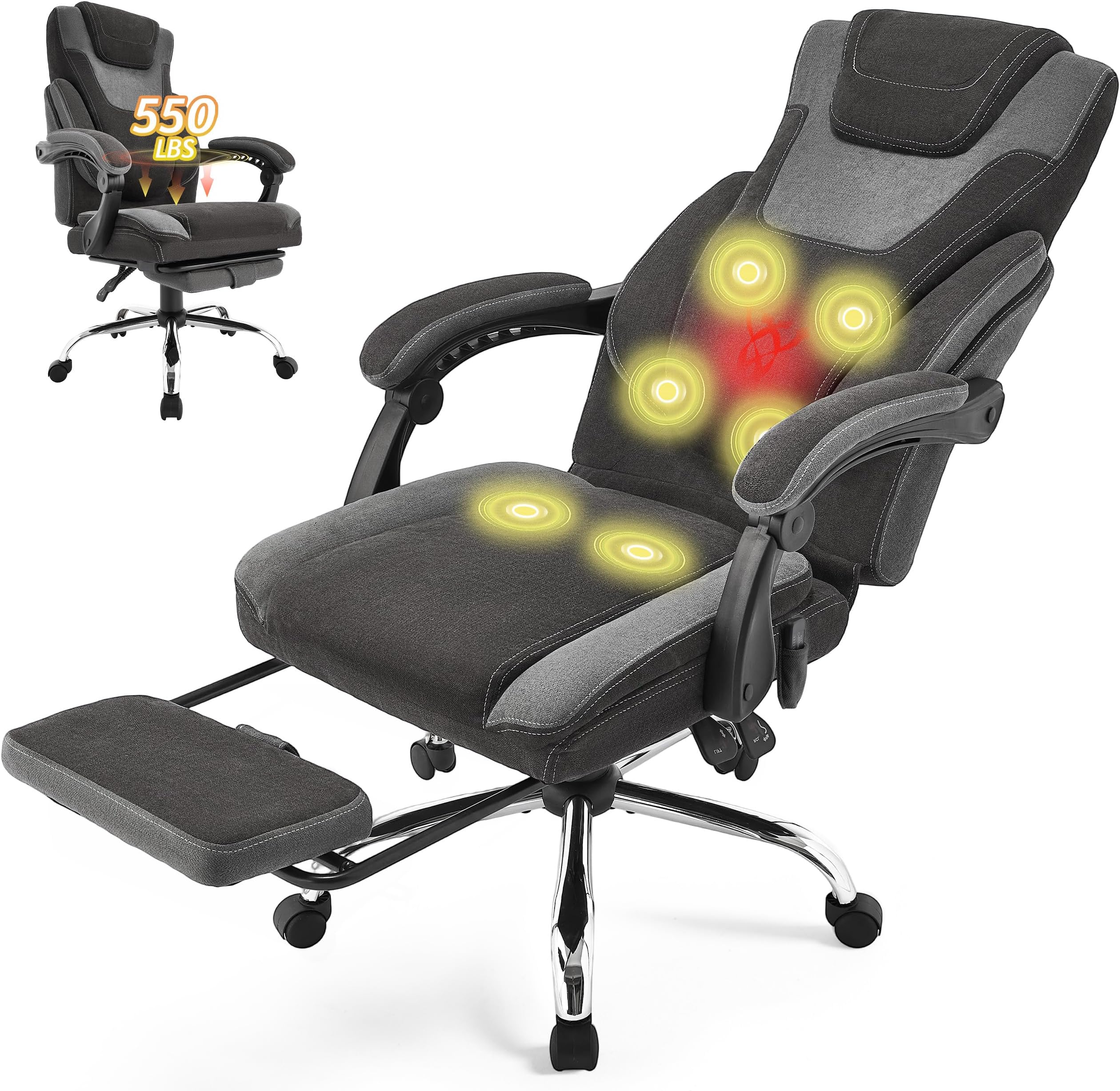 Office Chair with Foot Rest,6 Points Vibration Massage & Heat Executive Office Chairs,Big and Tall Fabric Office Chair 500LBS,Ergonomic Desk Chair for Heavy People,Reclining Computer Chair,BlackGrey
