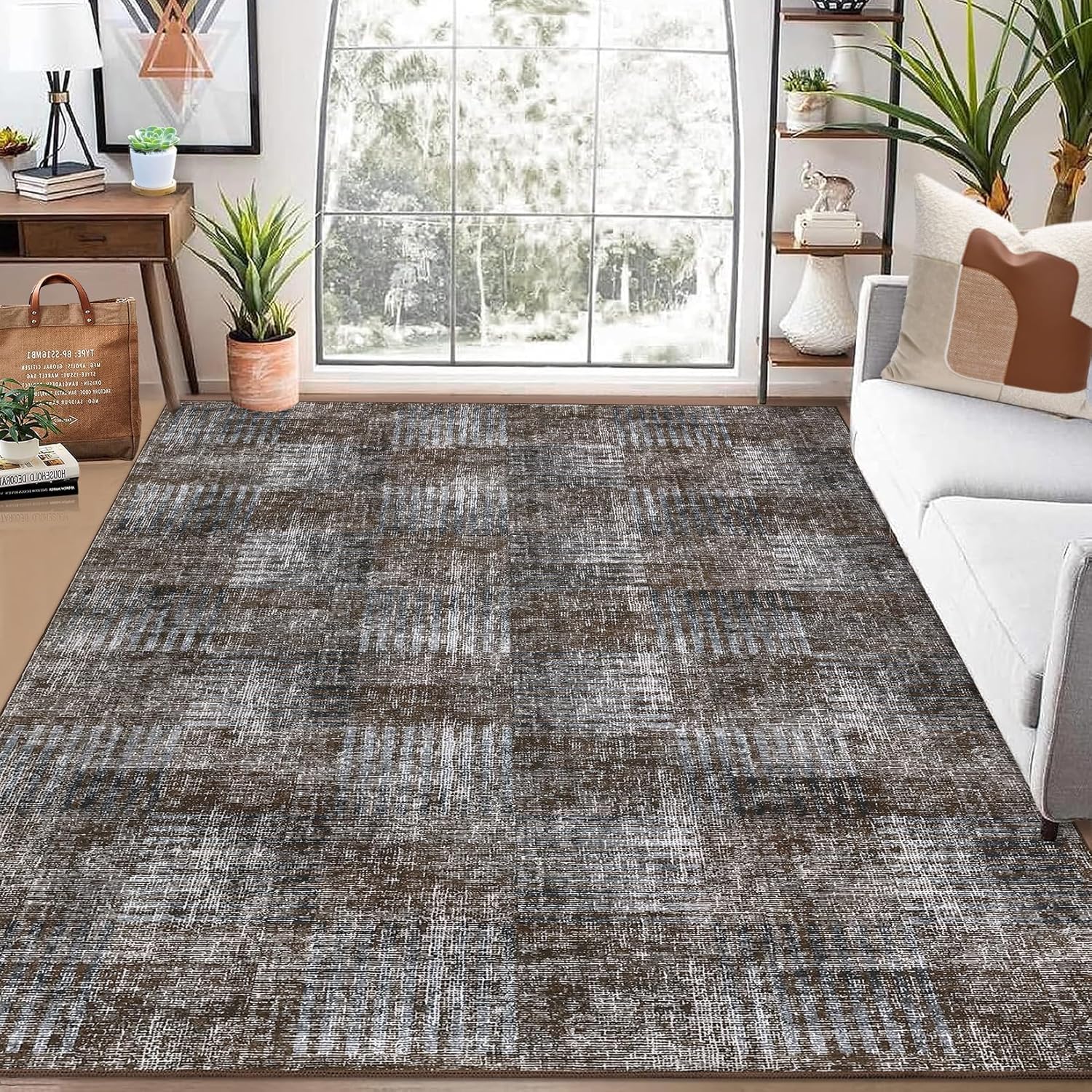 10x13 Area Rug Extra Large Machine Washable Rug for Living Room Plaid Checkered Accent Rug Stain Resistant Non-Slip Modern Abstract Floor Cover Carpet for Home Decor, Brown Grey 13' x 10' (Rectangular) Brown Grey