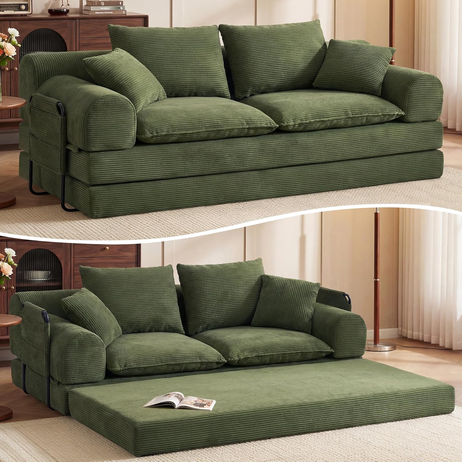 79" Convertible Sleeper Sofa Bed,5-in-1 Folding Boneless Futon Couch with Storage Pockets,3 Seater Corduroy Floor Couch Loveseat with Pull Out Bed for Living Room,Bedroom,Lounge,Green