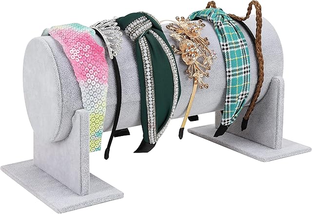 BELLE VOUS Grey Velvet Headband Hoop /Jewellery Organiser Display Stand - H 16.8cm x W 31cm Detachable T Shaped Hair Accessory Holder Storage Rack