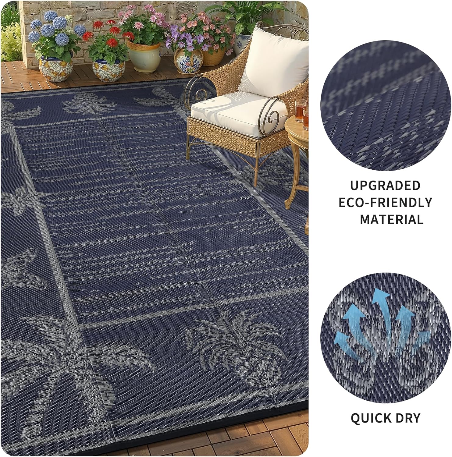 Garvee Outdoor Rug 8x10 Waterproof for Patios, Reversible Plastic Straw Rug, Tropical Leaf Indoor Outdoor Rugs, Large Area Rug for RV, Camping, Deck, Picnic Mat, Outside Carpet